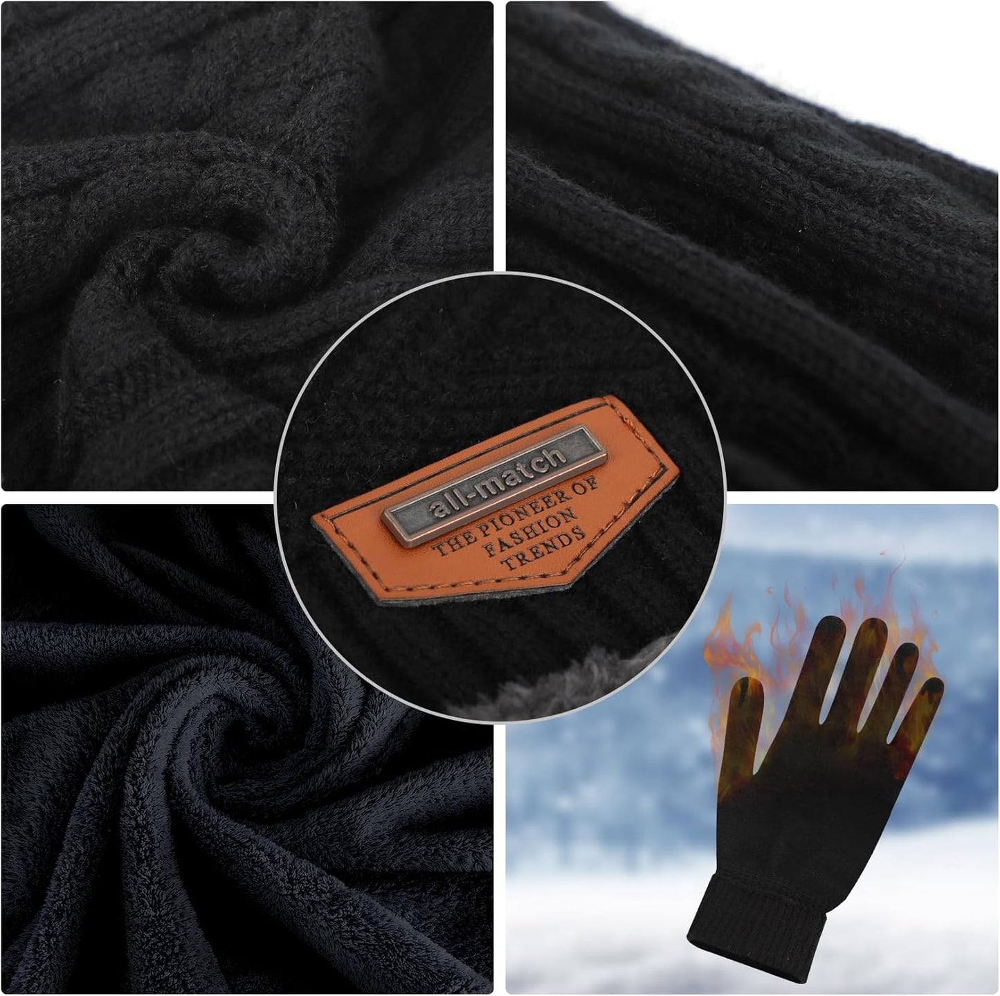 MAYLISACC Winter Knit Beanie Hat Neck Warmer Scarf and Touch Screen Gloves Set 3 Pcs Fleece Lined Skull Cap for Men Women