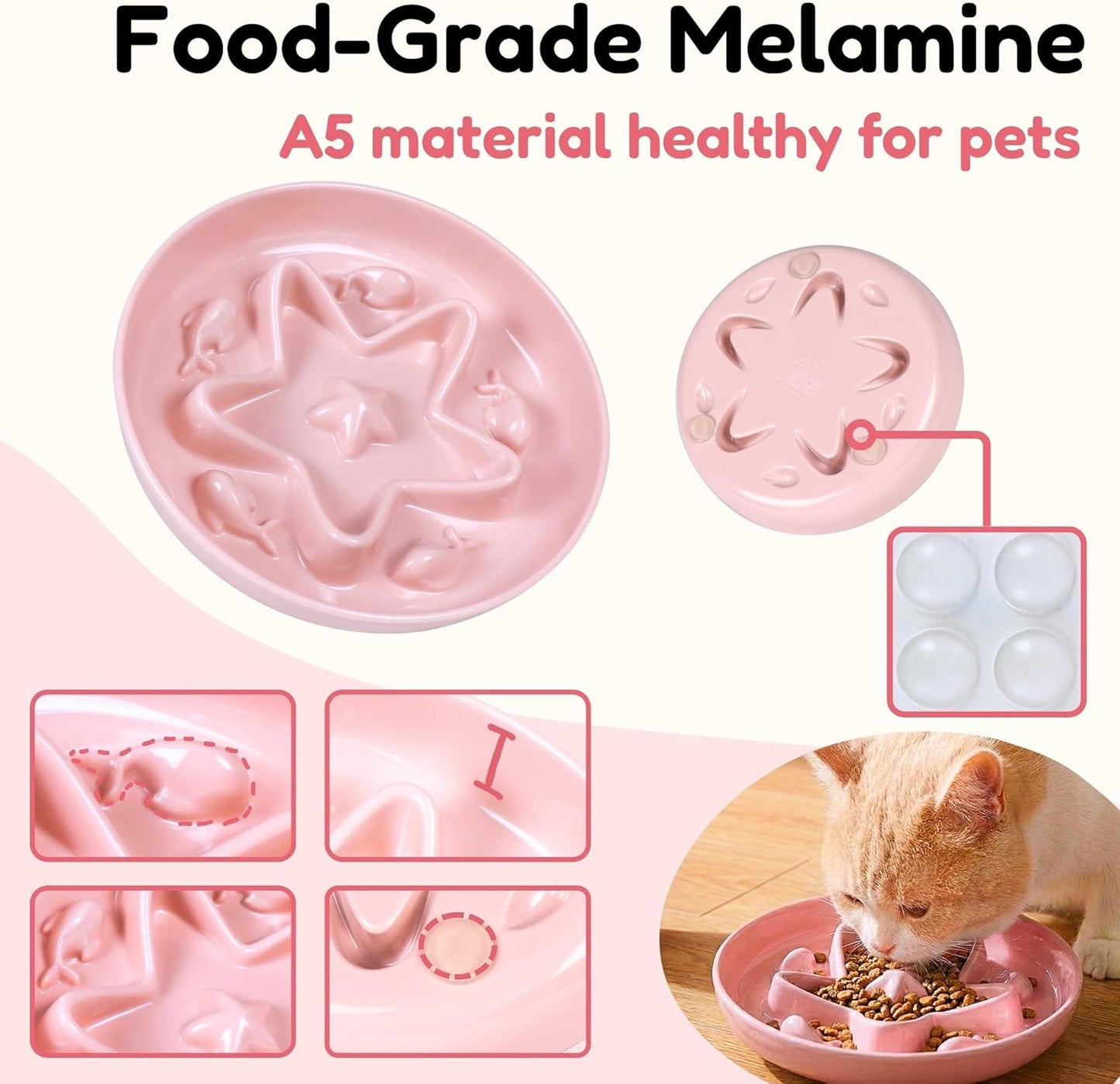 2 Pcs Cat Slow Feeder Bowl – Whisker Friendly Melamine Puzzle Feeding Cat Bowl for Slow Eating – Wet & Dry Food – Dishwasher Safe, Lightweight, Non-Slip (Blue + Pink, 6.3'')
