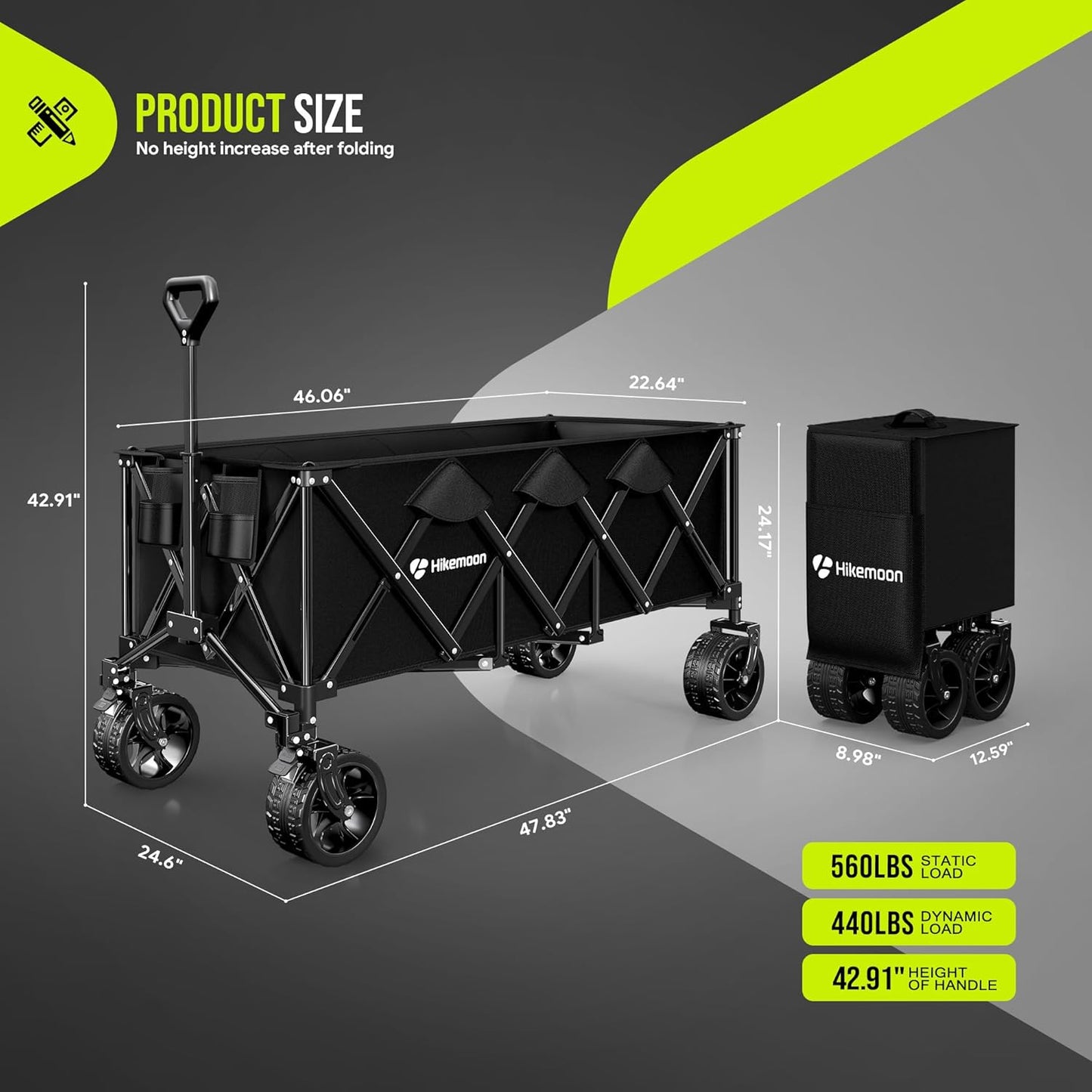 300L Extra Large Wagons Carts Foldable, 560LBS Heavy Duty Collapsible Beach Wagon 48" Long with Big All-Terrain Wheels, Utility Folding Cart for Camping, Grocery, Sports, Garden, Black