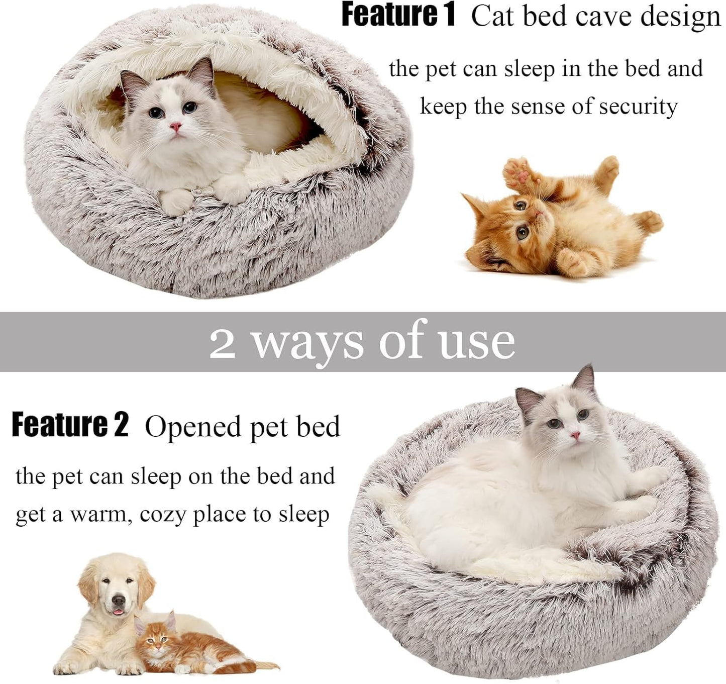 Keep Warm Lapcatz Nest Bed, Cat Bed Round Fluffy Hooded Cat Bed Cave, Anti-Slip Bottom and Machine Washable,Removable Washable Round Beds for Small Medium Pets (Coffee,Medium)