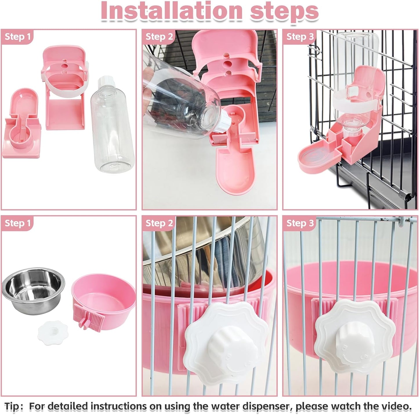 kathson Rabbit Suspended Feeder Dispenser Hanging Water Fountain Automatic Bottle,Crate Bowl Removable Plastic Stainless Steel Pet Cage Coop Cup with Bolt Holder Set for Bunny Cat Dog and Other Animal