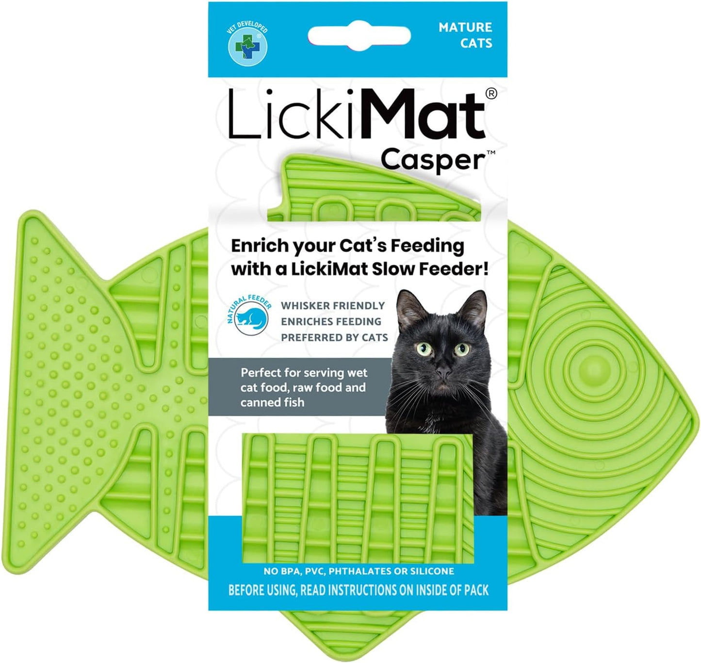 LickiMat Casper, Fish-Shaped Cat Slow Feeders Lick Mat, Boredom Anxiety Reducer; Perfect for Food, Treats, Yogurt, or Peanut Butter. Fun Alternative to a Slow Feed Cat Bowl or Dish, Green
