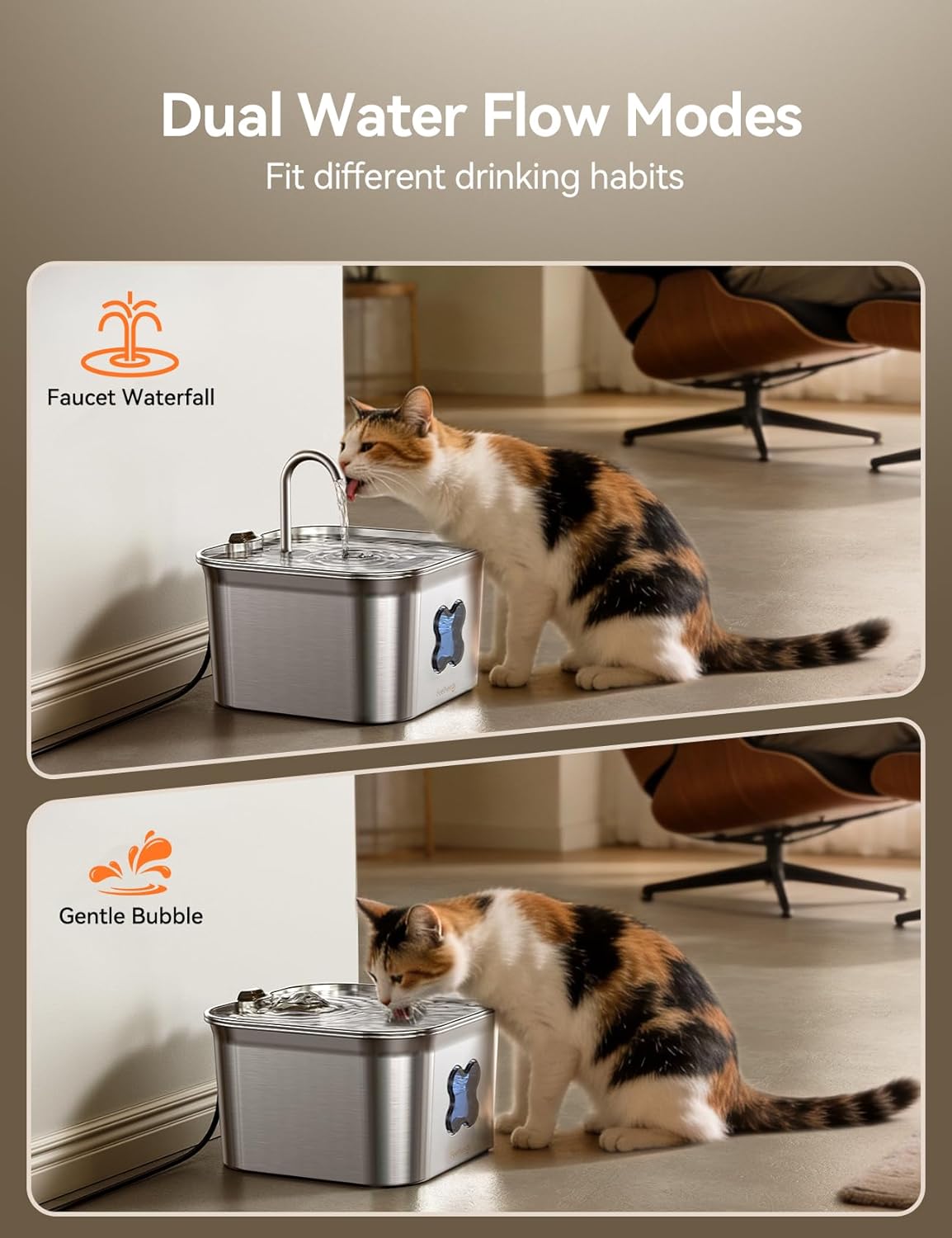 FEELNEEDY Cat Water Fountain, 304 Stainless Steel - 95oz/2.8L Faucet-Style Pet Drinking Fountain for Cats & Small Dogs, Ultra-Quiet <20dB, Dishwasher Safe, 4-Stage Filtration & Water Level Window