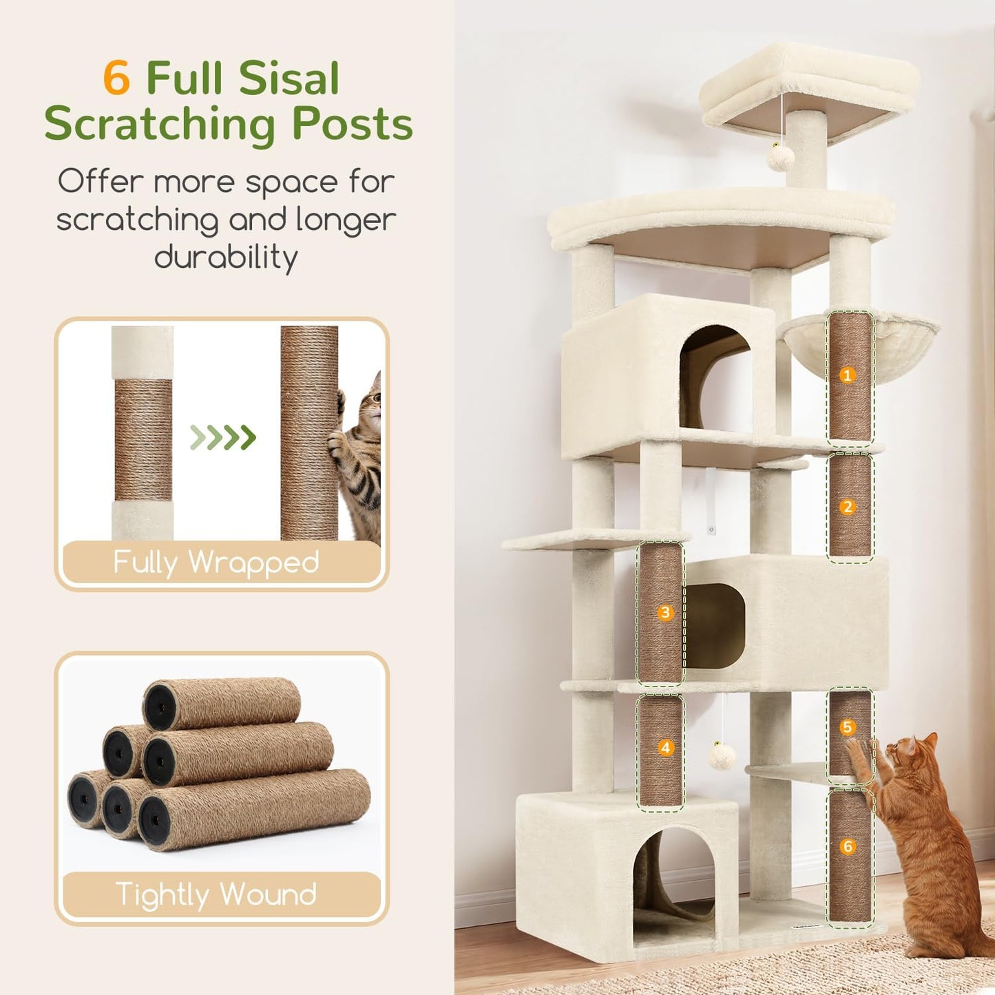 Globlazer Extra Large Cat Tree Tower for Indoor Cats Large Adult, 80in Tall Heavy Duty Cat Tree with 3 Spacious Cat Condos, Oversized Fan-Shaped Perch, 6 Full Sisal Scratching Posts, S80, Beige