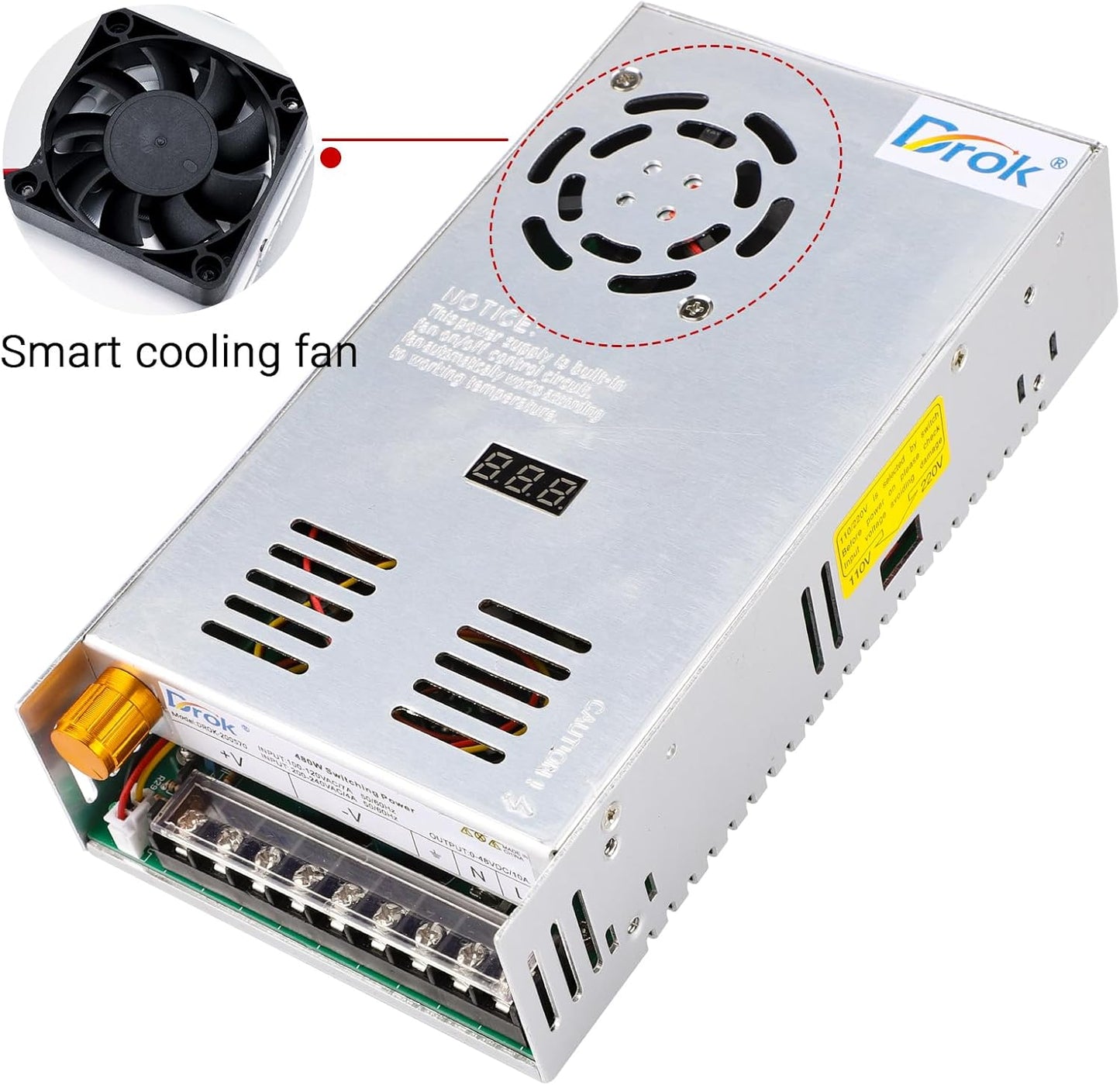 DROK 48V Power Supply, AC 110V/220V to DC 0-48V 10A 480W Buck Converter, Adjustable Variable LED Adapter Regulated 5V 12V 24V 30V 36V 48V Volt Voltage Transformer 10A Amp Charger for Lab CCTV