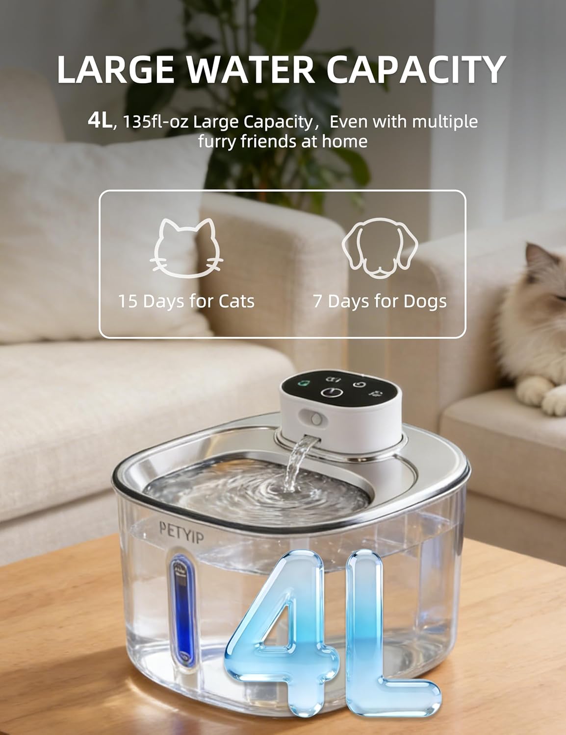 Wireless Cat Water Fountain,Stainless Steel,135 fl oz/4L Battery Powered Automatic Pet Water Dispenser, Cordless Design,Drinking Fountain for Cats, Dogs & Indoor (Cat Fountain+2 Filter)