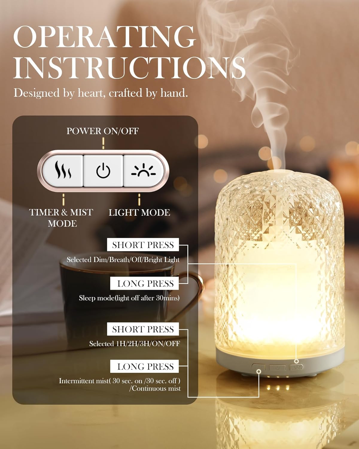 Essential Oil Diffuser - 2.4MHz Ultrasonic Glass Diffuser for Home, 120ml, Pulse&Continuous Mist, Bright/Dim/Breathing Lighting, Waterless Auto-Off, Aromatherapy Diffuser with USB Cable