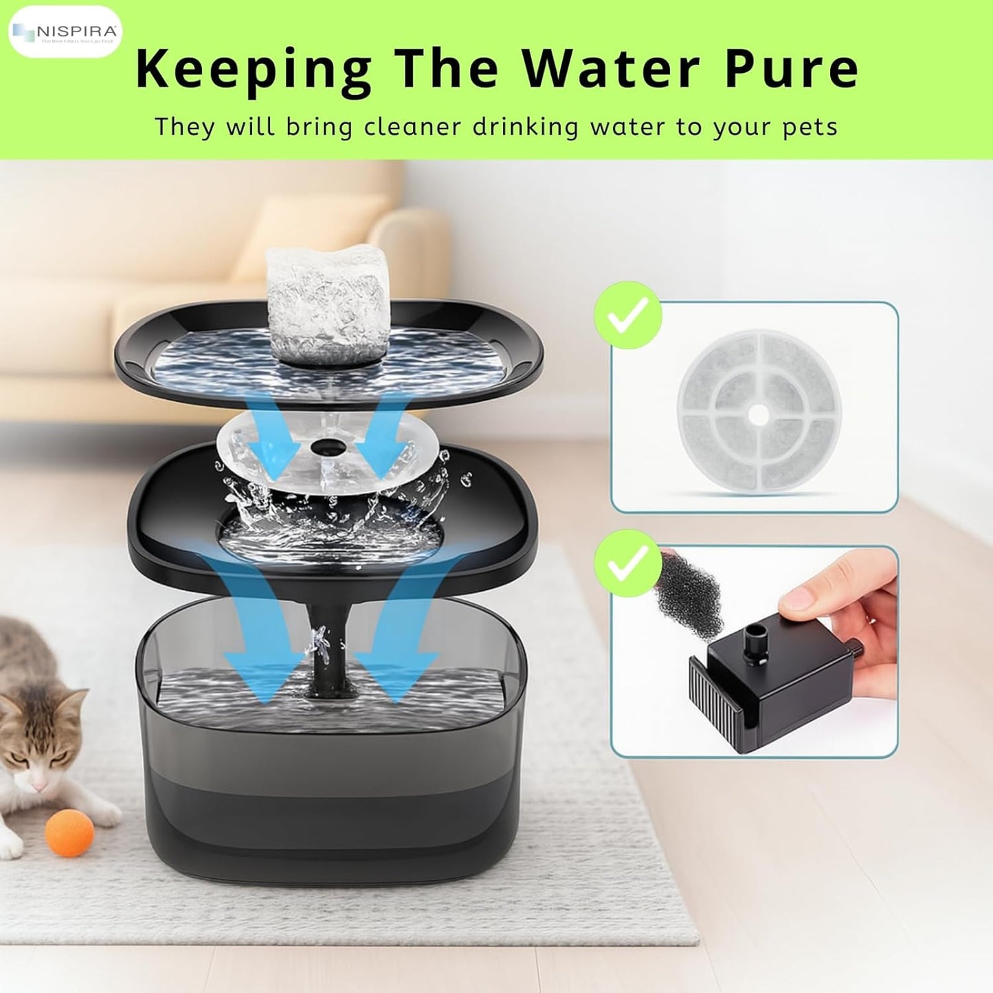 Nispira Cat Water Fountain Filter Replacements for Kastty Sibays 2.5Gal/9.5L Large18CM Dog Water Fountain Dispenser Wireless Pumps Black Sponge, 12 Packs