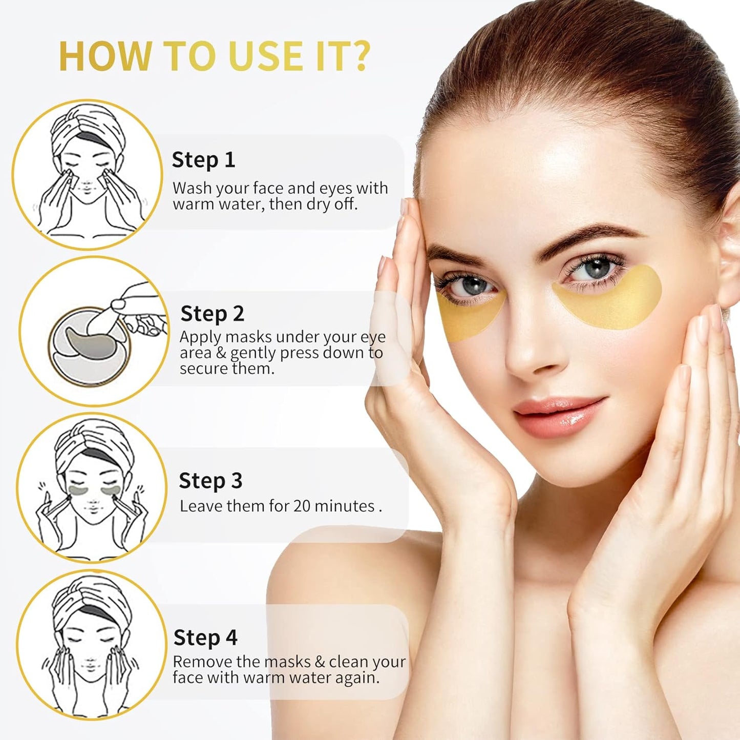 24K Gold Under Eye Patches - 60 Pack for Puffy Eyes, Dark Circles, Bags & Wrinkles with Collagen & Hyaluronic Acid - Eye Care Pads for Daily Skincare (Gold)