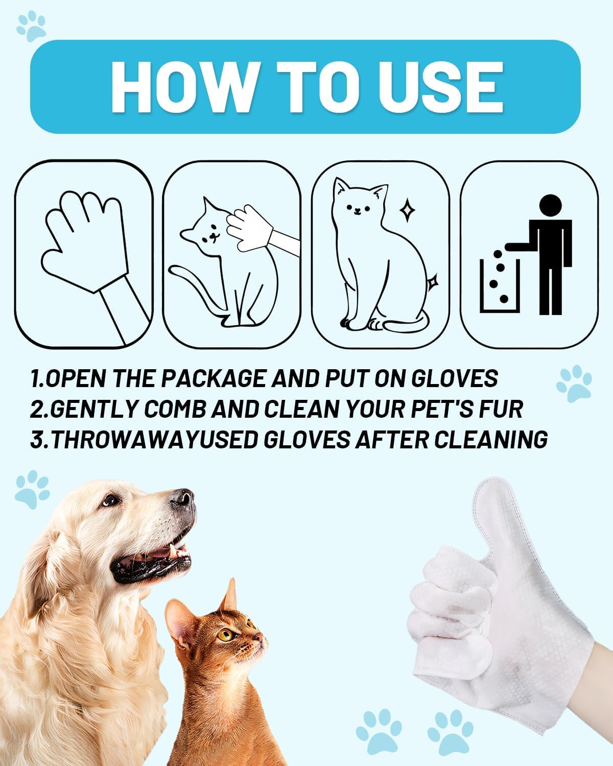 Dog Glove Wipes for Paws, Butt, Ears & Eyes - Pet Cleaning Wipes After Walk, Potty & Grooming | Extra Large Thick Rinse-Free for Dogs & Cats | Hypoallergenic Fragrance-Free for On-the-Go & Camping