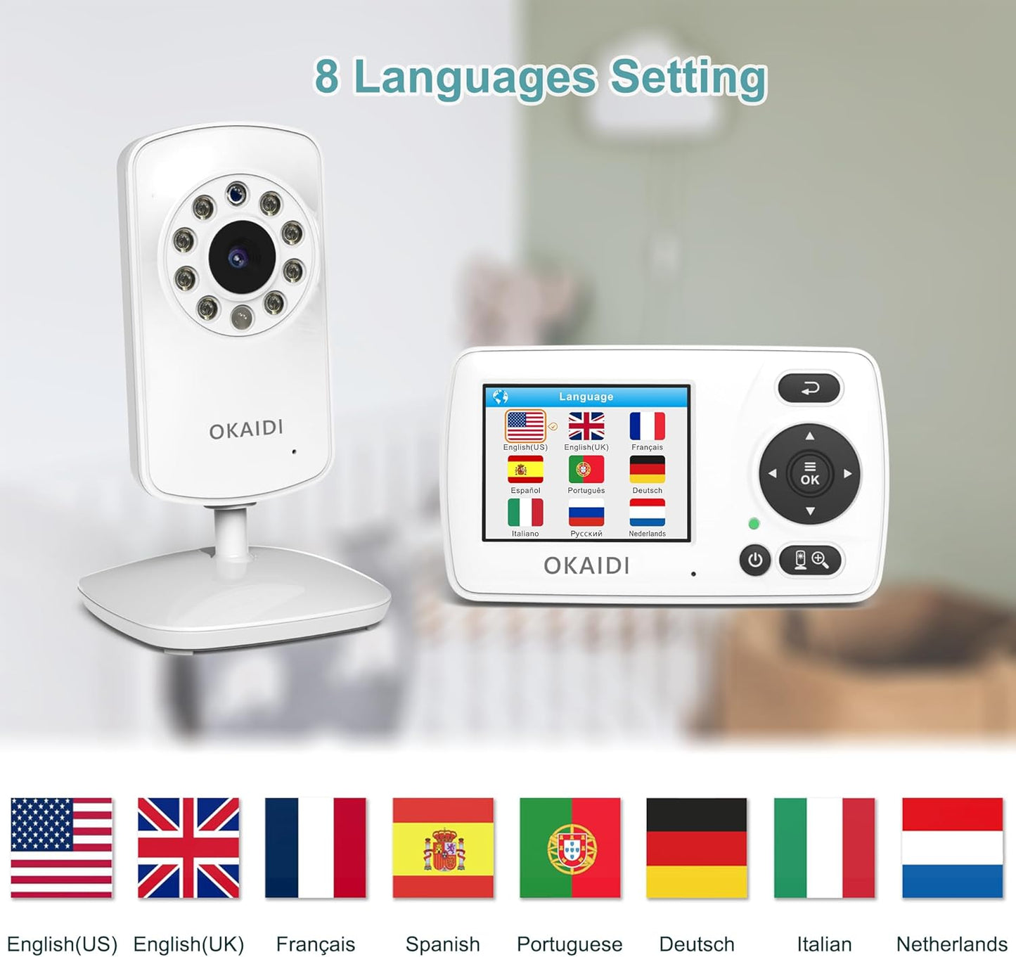 OKAIDI Video Baby Monitor with Camera and Audio, 2.4'' Portable Travel Baby Monitor No WiFi, Infrared Night Vision, VOX Mode, 1000ft Long Range, Ideal for Baby/Pet/Elderly