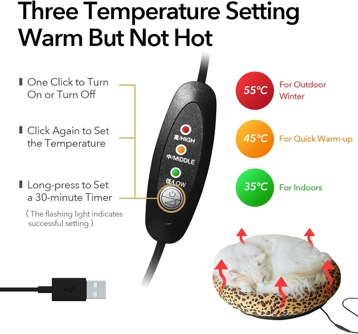 USB Heating Bed for Cats & Small Dogs - 5V Safe Heated Pad with 3-Temp Control, Washable, Indoor/Outdoor Pet Warming Bed Powered by Power Bank Battery/Car/Wall (Leopard)