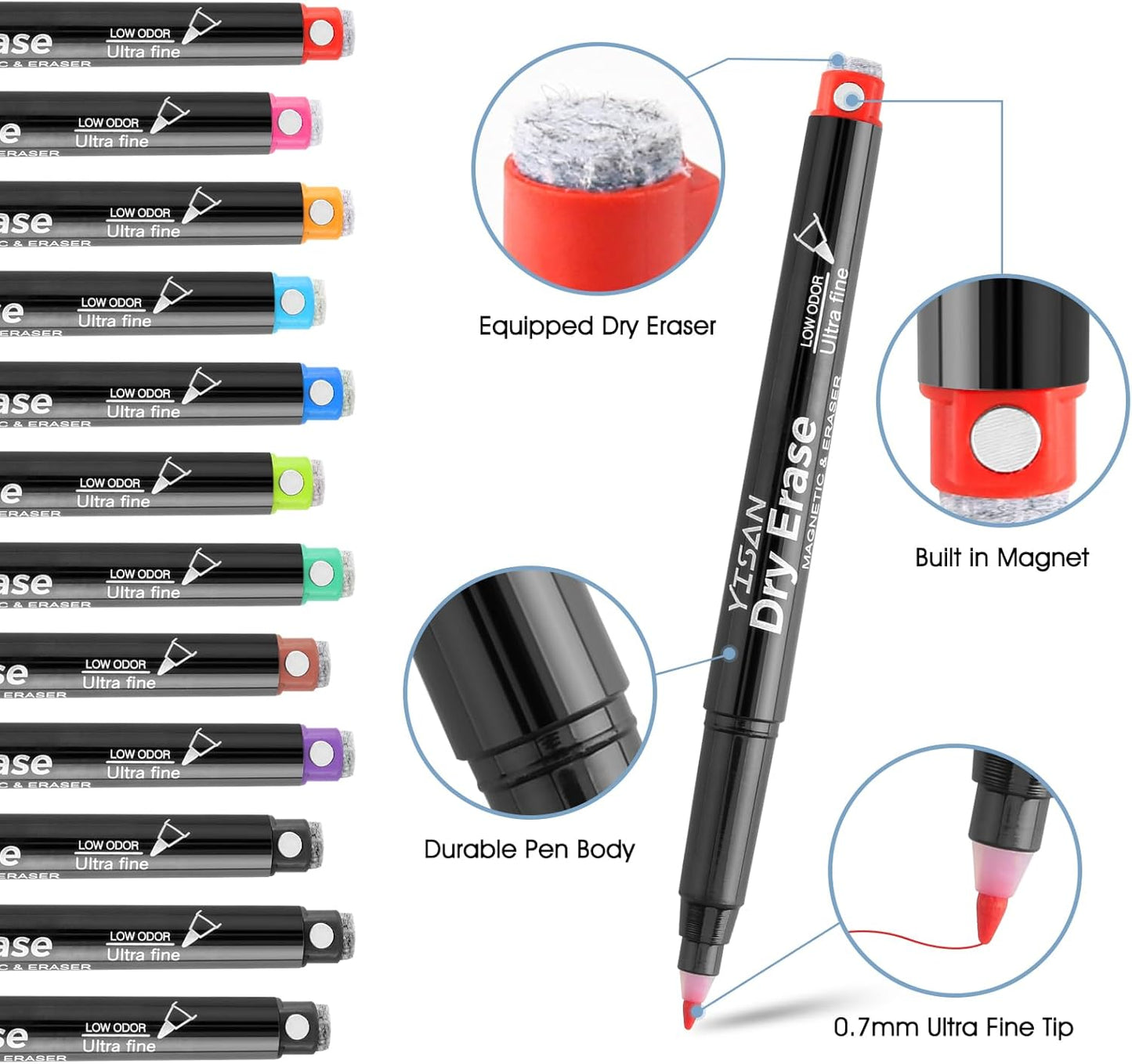 YISAN Dry Erase Markers Ultra Fine Tip,0.7mm Extra Fine Point, Magnetic Whiteboard Markers with Erasers,Assorted Colors, Low Odor,12 Count,70566
