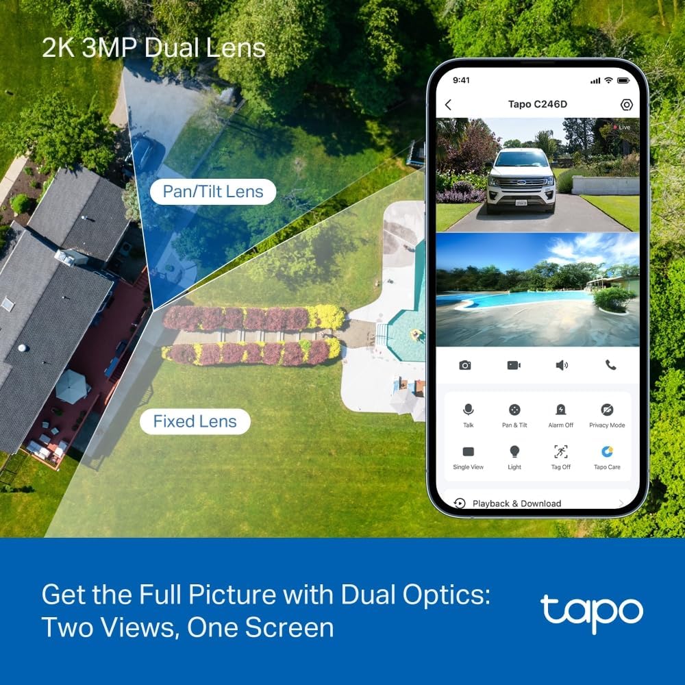 Tapo 2K Indoor/Outdoor Dual Lens Pan/Tilt Wired Security Camera - 125° Wide-Angle View + 6mm Zoom, Motion Track, Person/Vehicle Detection, Subscription-Free Local Storage or Optional Cloud, C246D