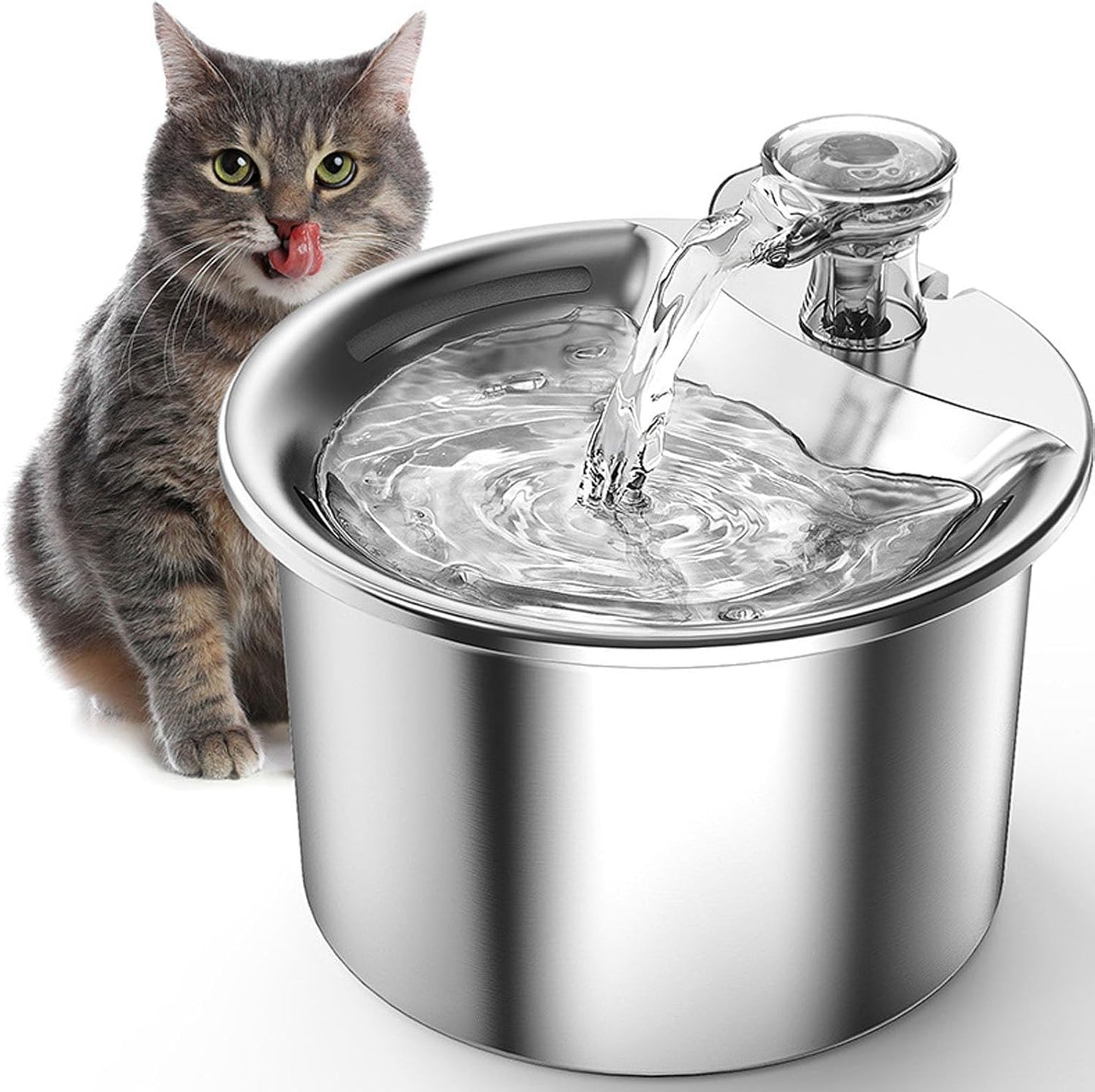 Luqeeg 2L Automatic Cat Water Fountain 304 Stainless Steel Water Fountain Pets Low Noise Pump Feeder with a Comprehensive Filtration Structure & Continuous for Cat or Dog (US Plug)
