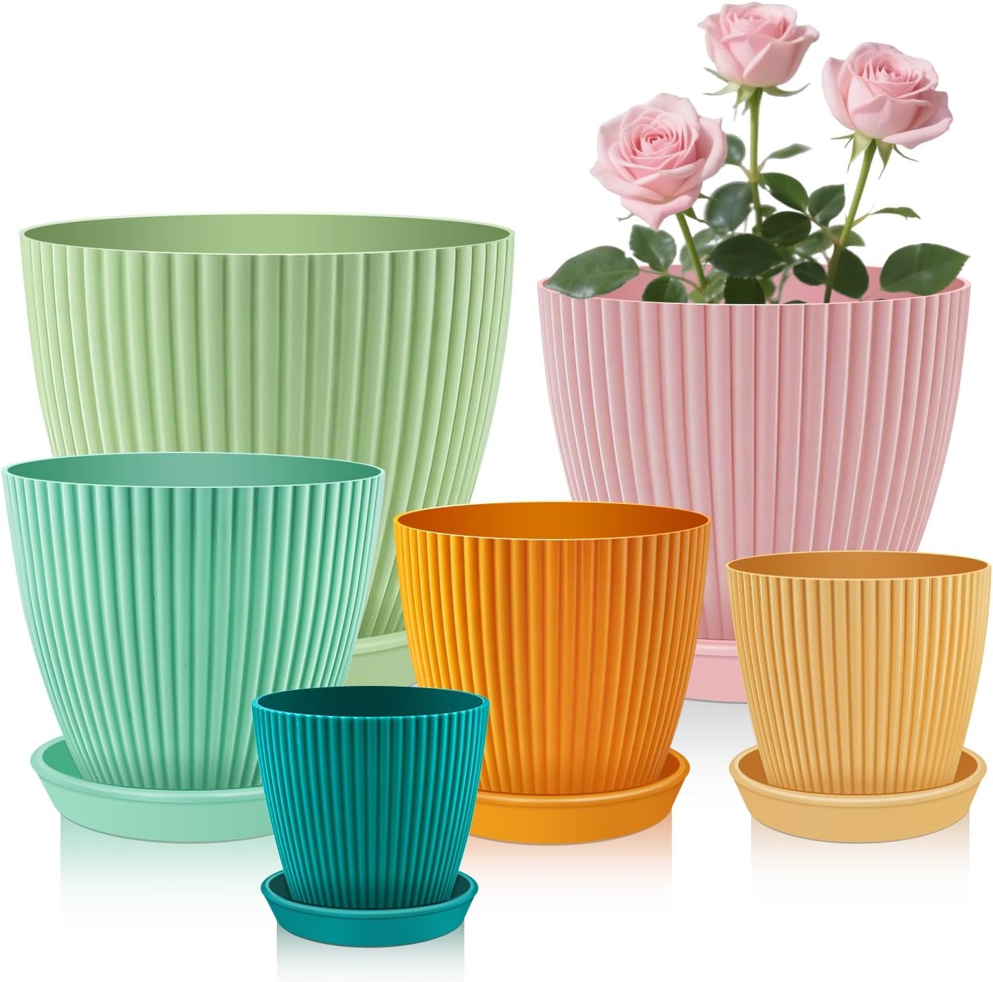 SupKing Plant Pots with Drainage Saucers 7.5/6.7/6/5/4/3.5 Inch Set of 6,Plastic Flower Pots Planters with Multi Mesh Drainage Holes Multicolor Nursery Planting Pot for Indoor Outdoor Garden Plants