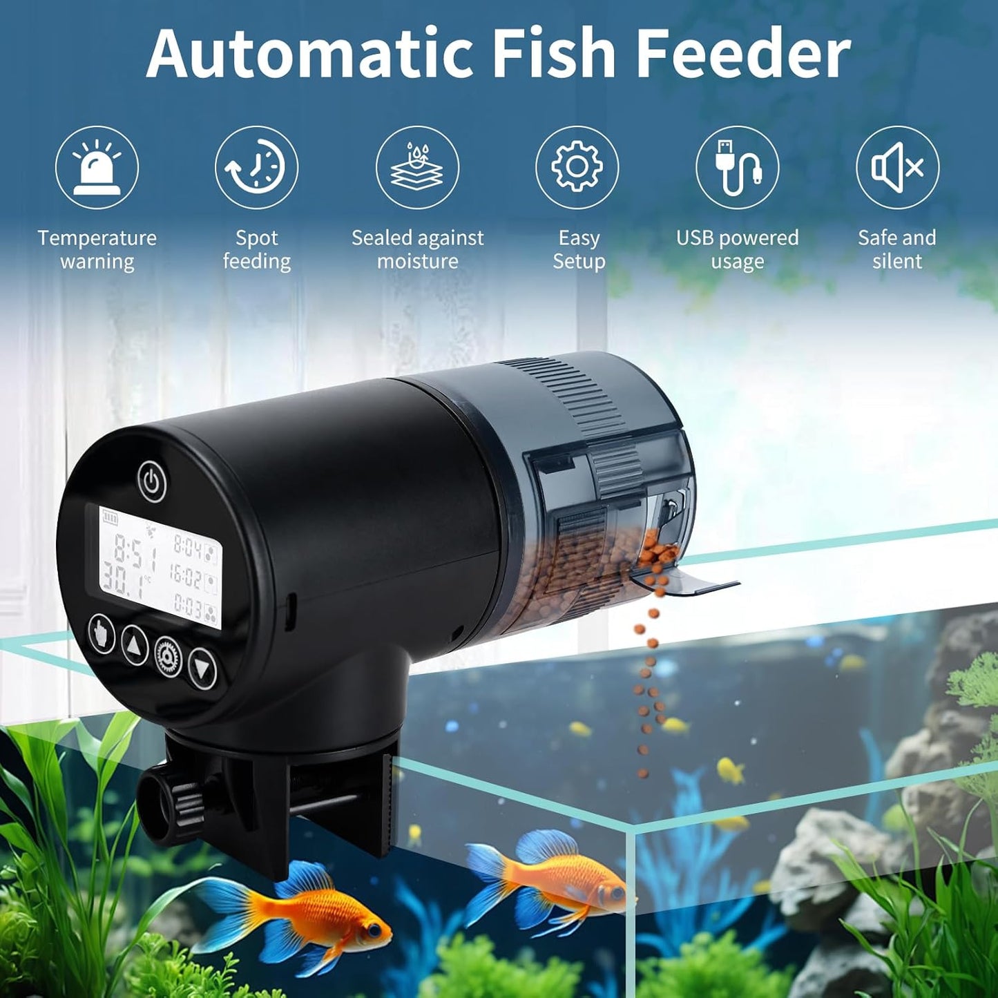 Lychee Aquarium Automatic Fish Feeder - Moisture-Proof-Automatic Timed Food Dispenser (Rechargeable) with Temperature Warning and LCD Display for Tank Ponds