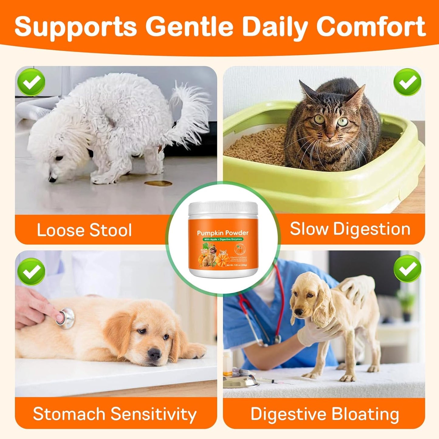 Organic Pumpkin Powder for Dogs & Cats, High Fiber Digestive Support with Enzymes & Apple, Helps Firm Stool, Relieve Constipation & Diarrhea, Easy Mix Pumpkin Puree Topper, 7.05 oz (200 g)