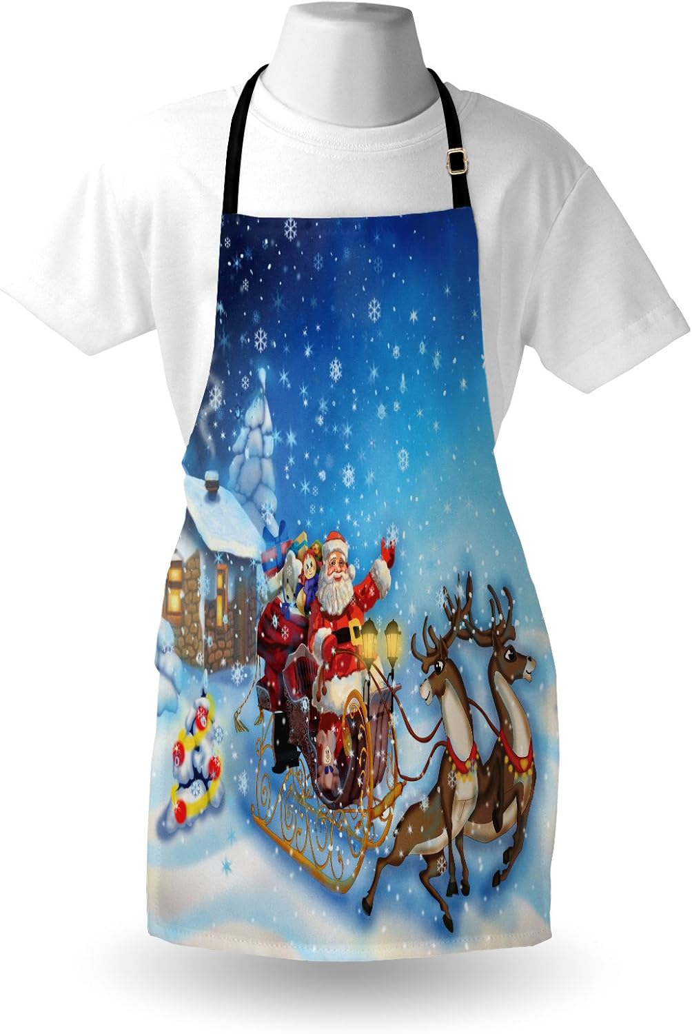 Ambesonne Christmas Apron, Santa in Sleigh Reindeer and Toys Snowy North Pole Tale Fantasy Image, Unisex Kitchen Bib with Adjustable Neck for Cooking Gardening, Adult Size, Navy Blue