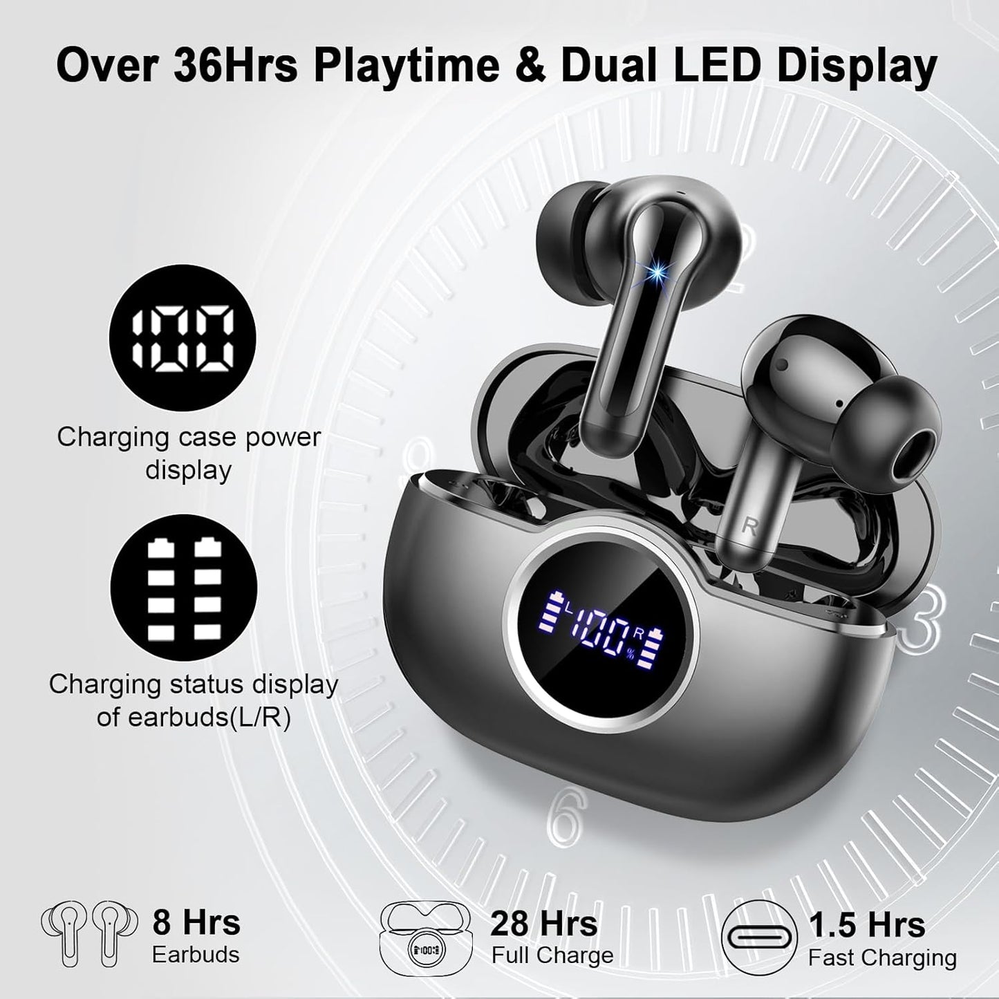 Wireless Earbuds, 2026 Bass-3.0 Bluetooth 5.4 Headphones 3D-Stereo Ear Buds, 4 ENC Noise Cancelling Mic, 40+Hrs USB-C in-Ear Earphones, IP-X7 Waterproof Sport Workout Gym for Laptop Pad Android iOS