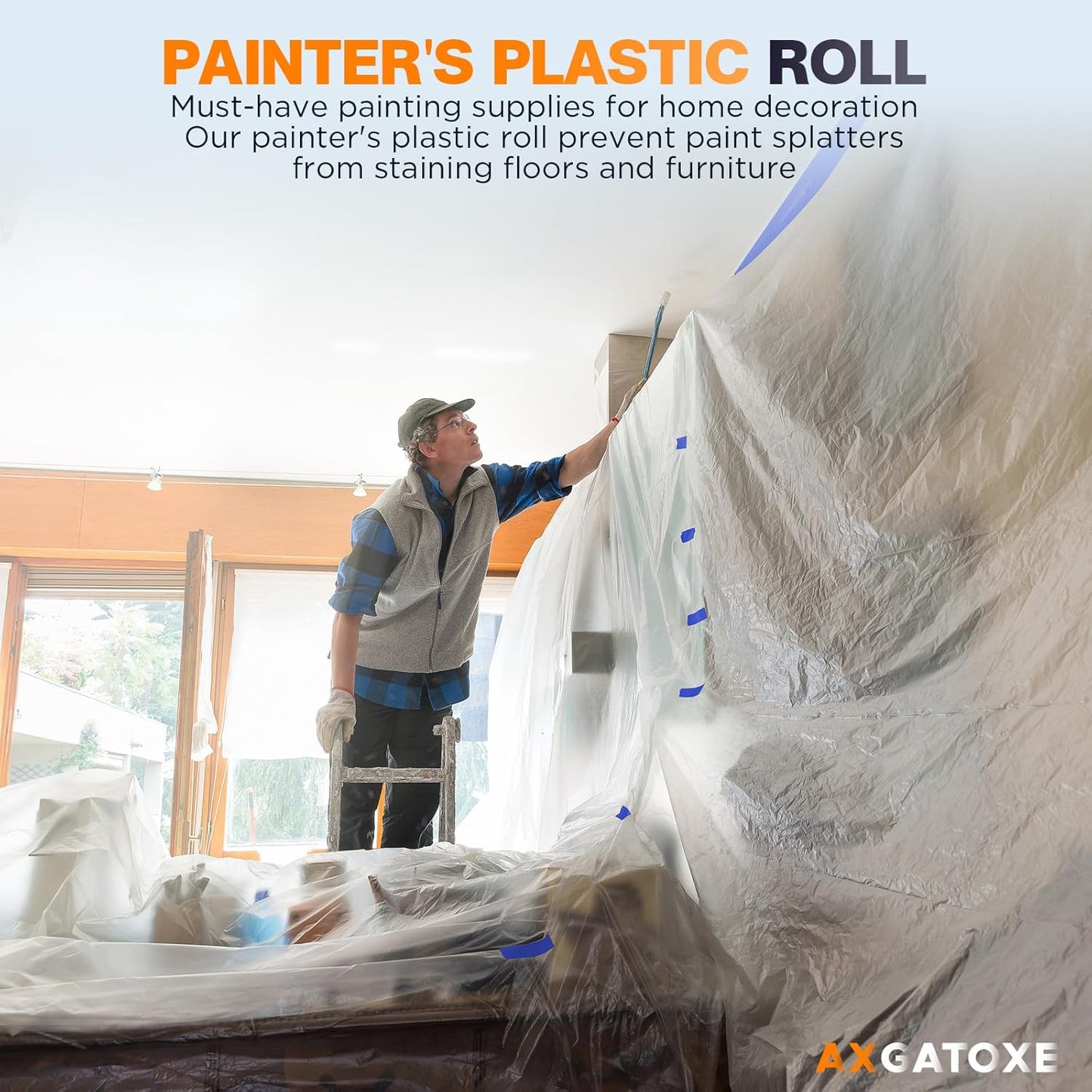 Plastic Drop Cloths, 200' Length x 9' Width Painter's Plastic Film with 2 Rolls Painter's Tape - Disposable Painter's Sheeting & Tarps for Painting Supplies, Furniture/Couch/Floor Protection