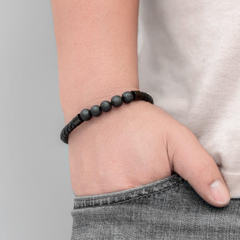 Healing Balancing Genuine Leather Beads Bracelet Magnetic Clasp Bracelet 8.5"