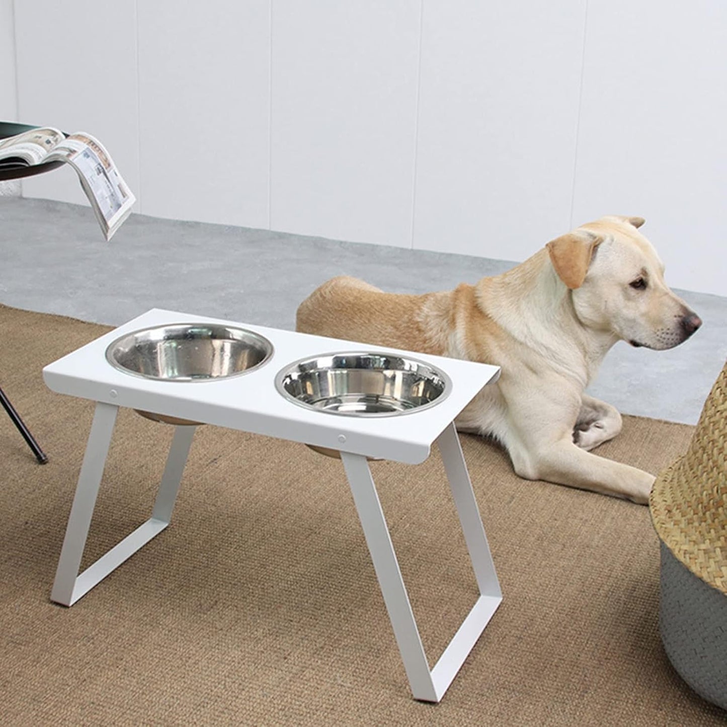Raised Dog Bowls, Elevated Dog Bowls with 2 Stainless Steel Food & Water Bowls, Dog Food Bowl Stand with a Folding Shelf for Large Dogs,Yellow