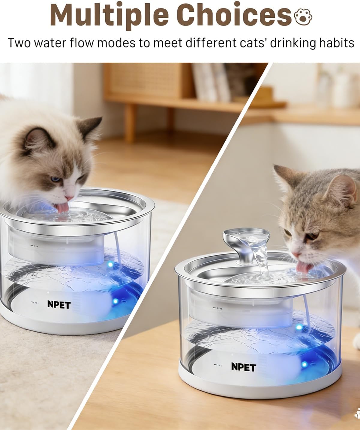 NPET N280 Glass Cat Water Fountain - 2.8L Automatic, Ultra-Quiet Pump with Stainless Steel Tray, Easy to Clean & Eco-Friendly for Cats and Dogs
