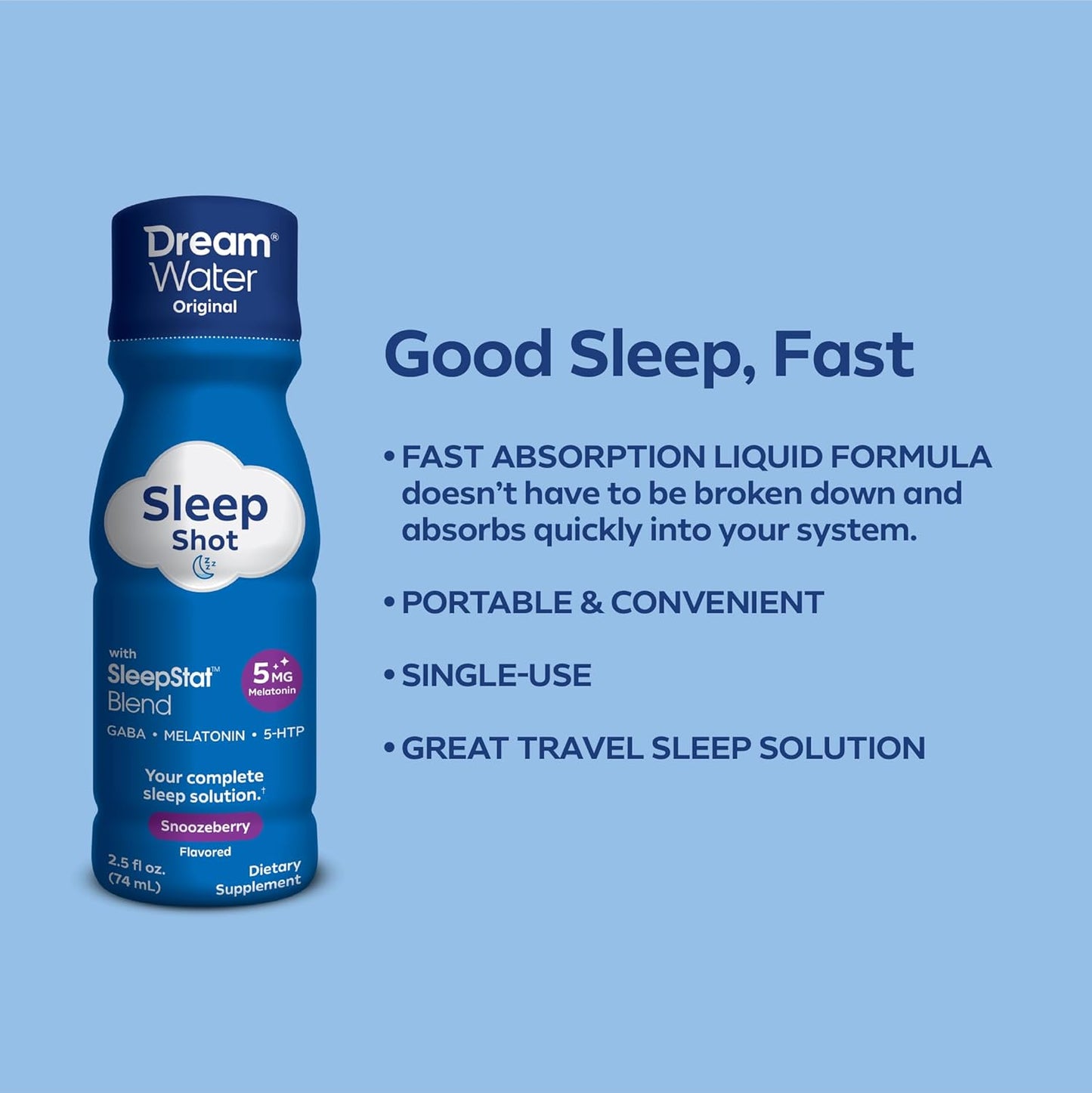 Dream Water Sleep Shots (12 Count) Sleep Aids for Adults - 5mg Melatonin, GABA, 5-HTP - Natural Snoozeberry Flavor (Blue Raspberry) - Liquid Melatonin Supplement - Zero Sugar & Gluten Free - 2.5 oz