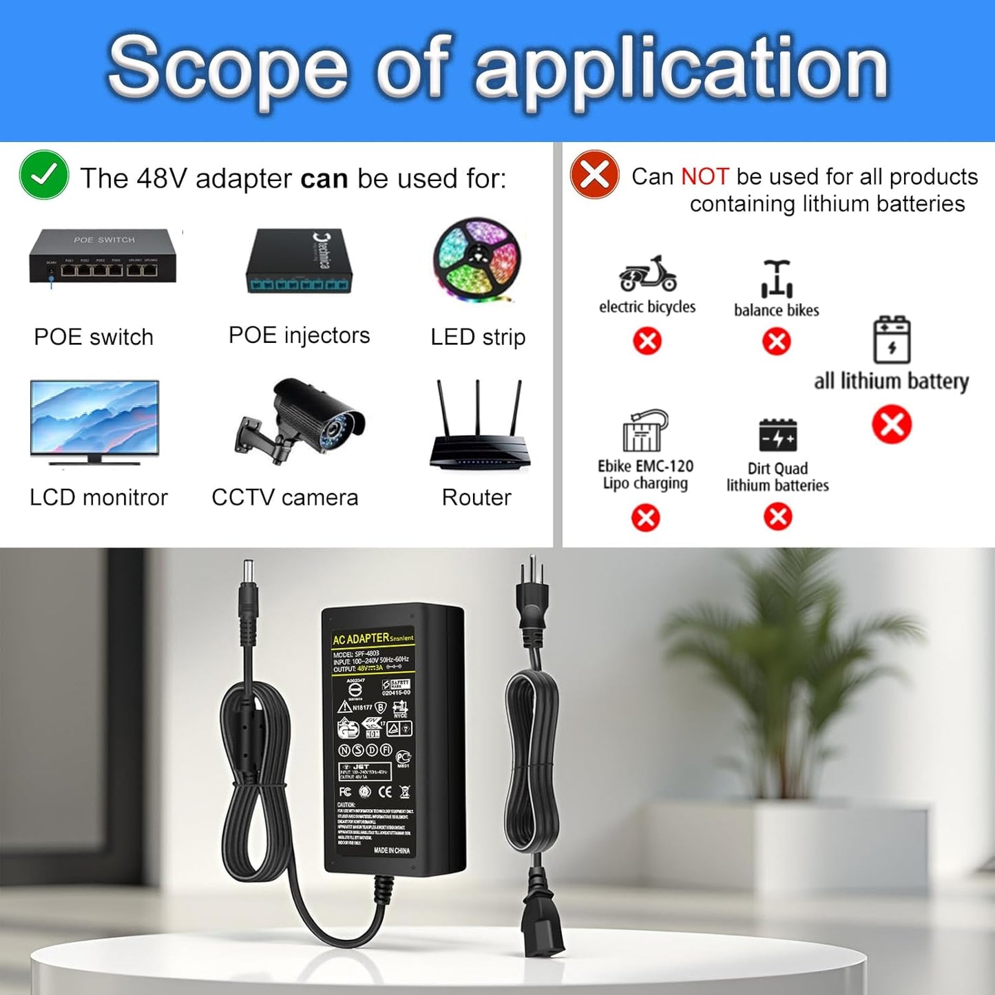 AC DC 48V 3A Power Supply Adapter 144W 48V Charger 48V 3A Switching Power Transformers Interface 5.5 x 2.5mm Suitable for POE Routers Switches Control Systems