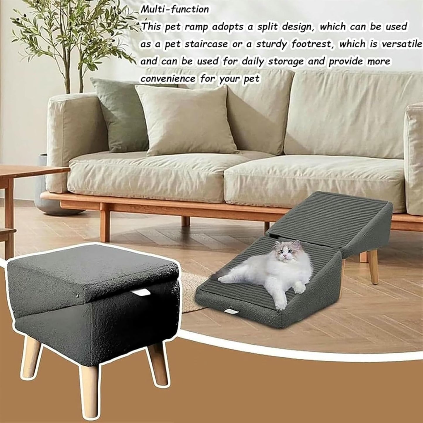 Split Ottoman Dog Ramp, 2-in-1 Convertible Wooden Home Step Stool Dog Ramp Stairs, Suitable for Small, Medium-Sized Dogs and Cats, Soft Non-Slip Surface, Portable Pet Ladder