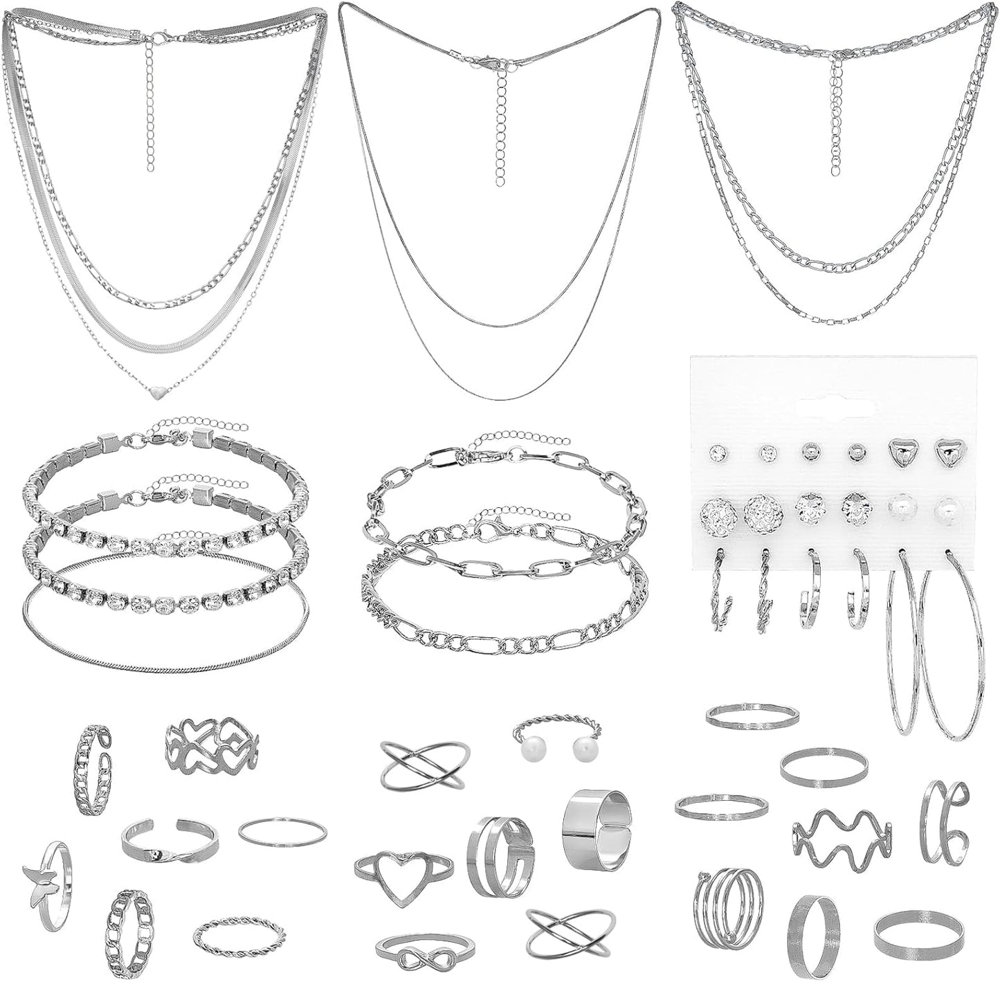Silver Jewelry Set for Women Layered Bracelets Ball Dangle Hoop Earrings Stackable Knuckle Rings Set Dainty Adjustable Necklaces Valentine Anniversary Trendy Party Costume Accessories Jewelry