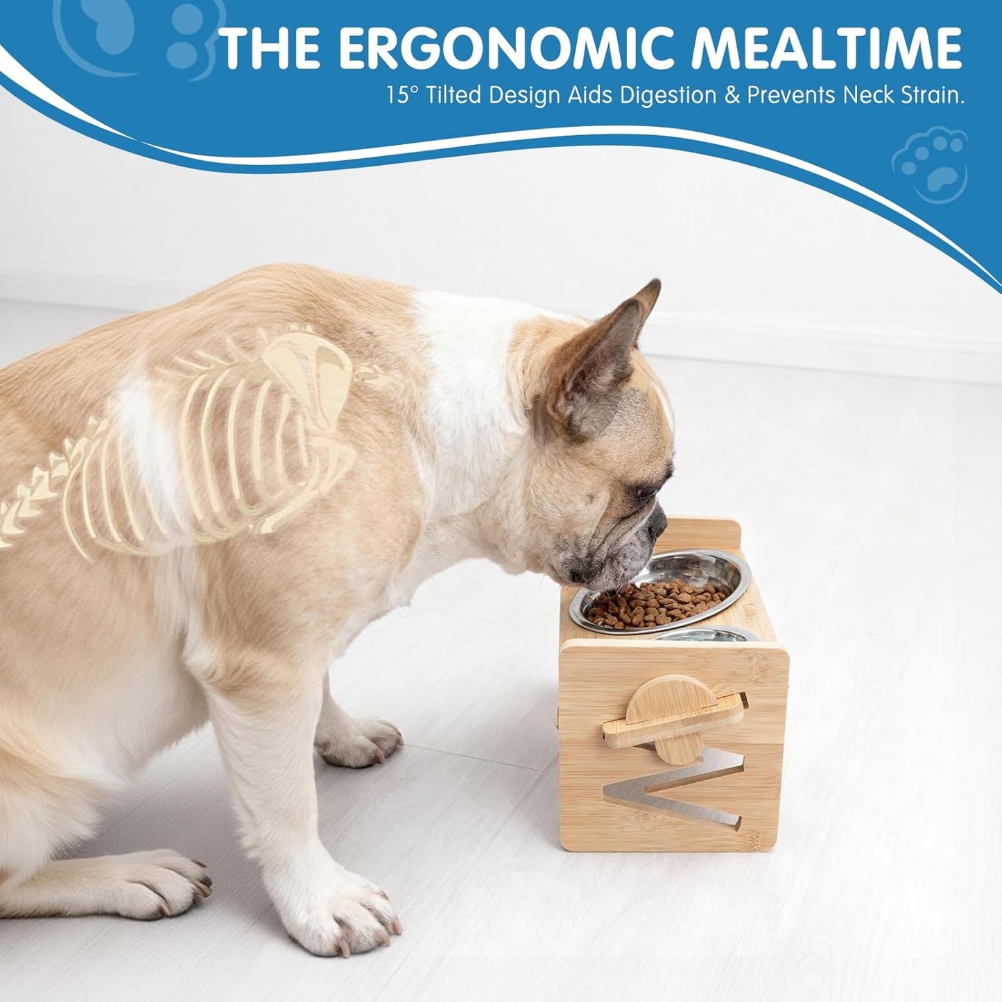 Elevated Dog Bowls for Small Dogs and Cats - 3 Heights Adjustable Bamboo Raised Pet Food Bowl Stand with Spill-Proof Non-Slip Mat, 2 Stainless Steel Dishes, 15° Tilted Ergonomic Feeder