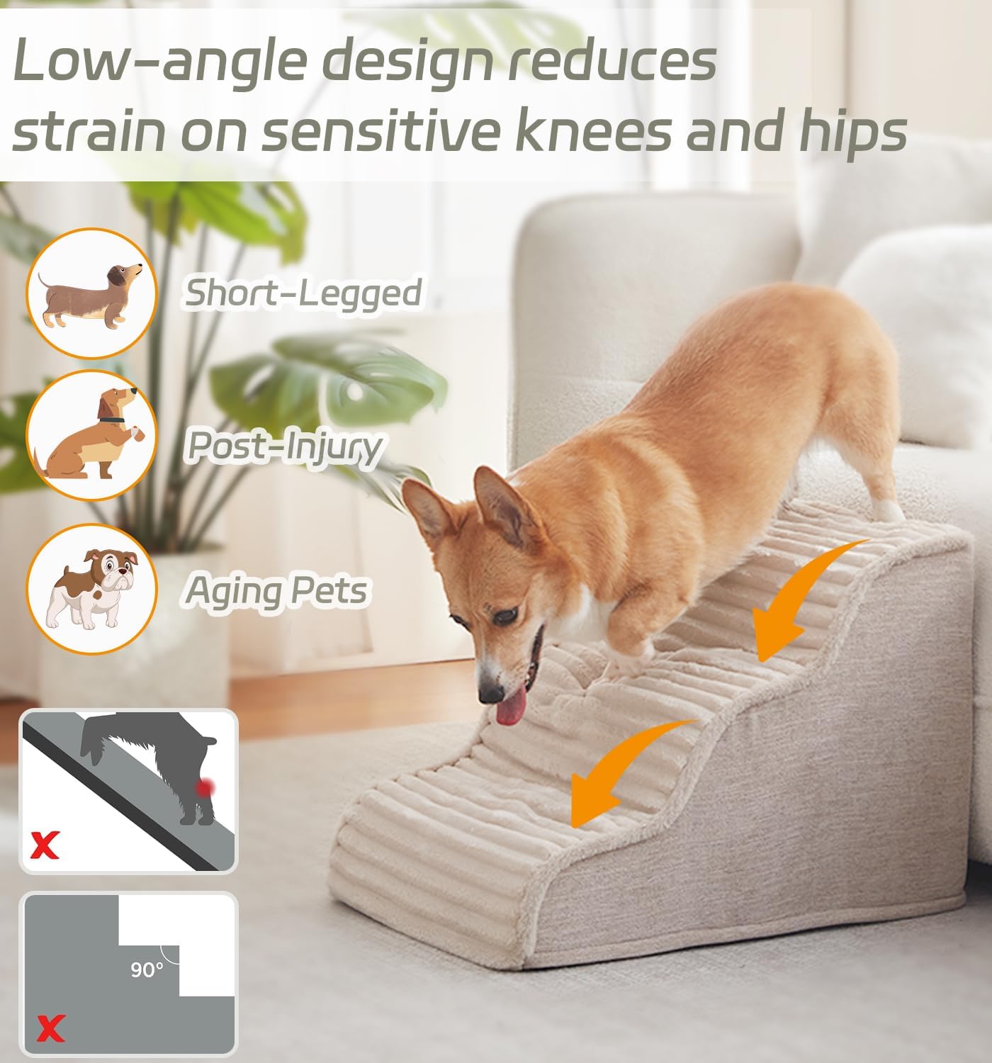 Dog Stairs for Small Dogs & Cats 15.7" H, High Density Foam Dog Steps Ramp for Couch Sofa and Chair, Pet Stairs with Non-Slip Bottom and Remove Washable Cover, 3-Step Pet Steps, Beige