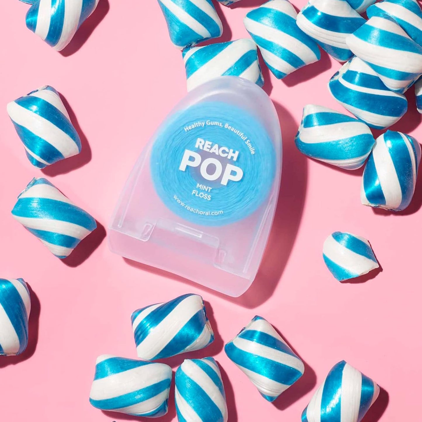 REACH POP Dental Floss, Mint, Plaque Remover for Teeth, Shred Resistant, Vegan Wax, Cruelty Free, Eco Friendly Packaging, Oral Care, PFAS Free, for Adults & Kids, 3 Pack, 54.6 yd