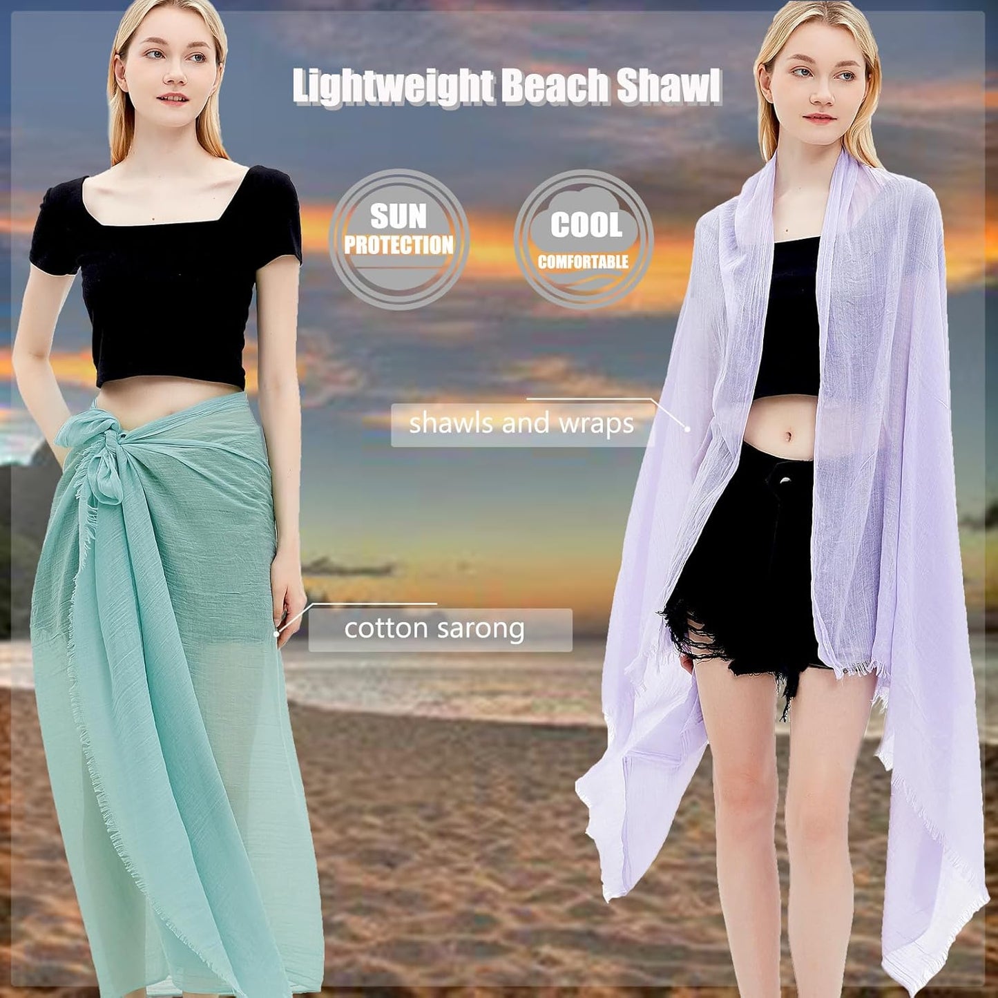 Gragengs Women Summer Scarfs Lightweight Large Long Gauze Shawl Linen Beach Wrap Plain 75”×43”