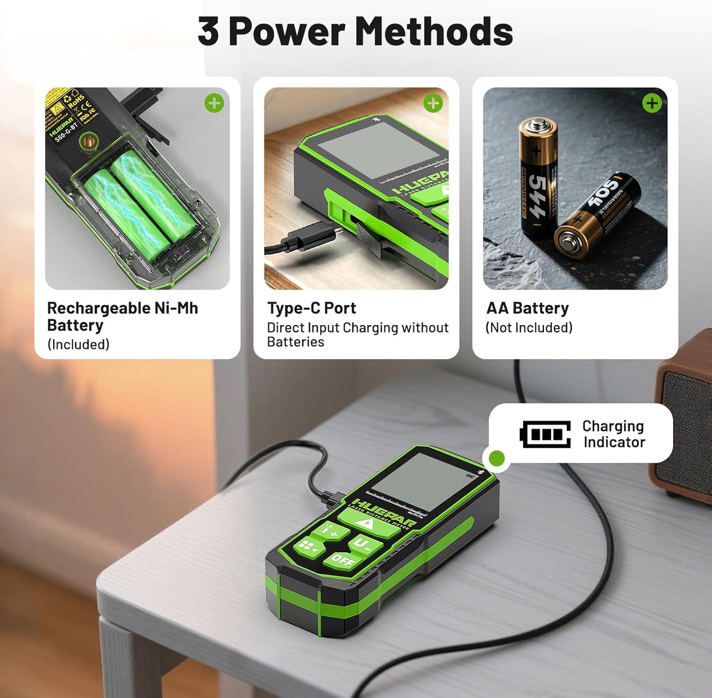 Laser Measuring Tool with Bluetooth APP, 200ft, ±1/16" High Accuracy, Huepar Rechargeable Green Beam Laser Distance Meter Multiple Measurement Modes, IP54 Durable for Home & Construction