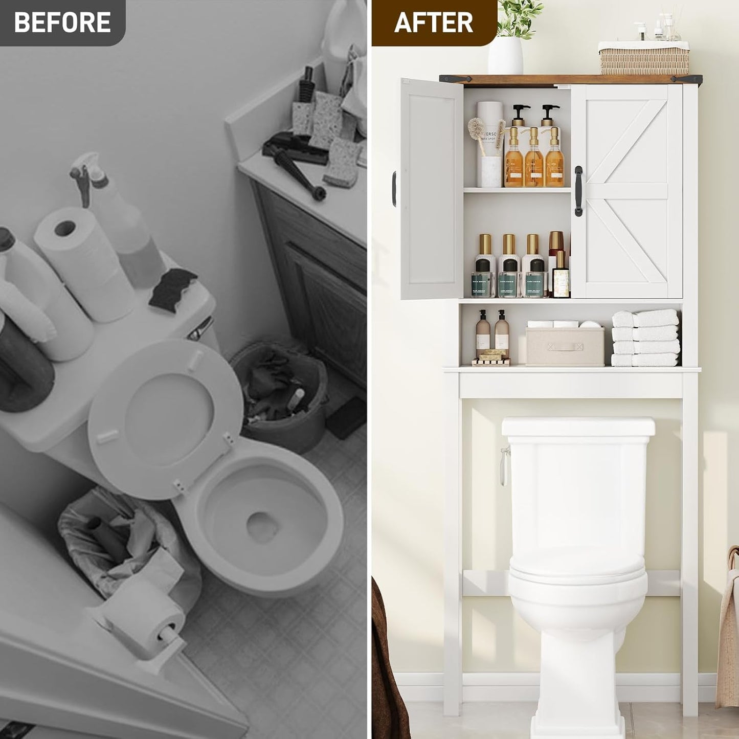 Over The Toilet Storage Cabinet, Farmhouse Over Toilet Bathroom Organizer with 2 Barn Doors, Narrow Above Toilet Storage Cabinet, Behind Toilet Bathroom Organizer (Rustic White)