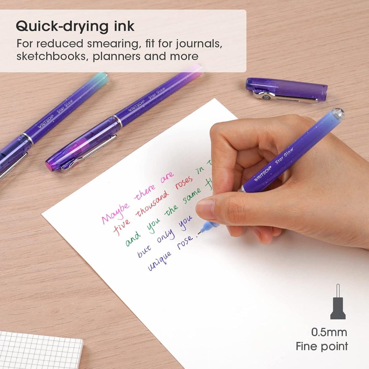 WRITECH Liquid Ink Rollerball Pens: 8ct Assorted Colors Extra Fine Point Tip 0.5mm Roller Ball Rolling Pen for Smooth Writing Coloring Drawing Journaling No Bleed & Smear &Smudge Multi Colored.
