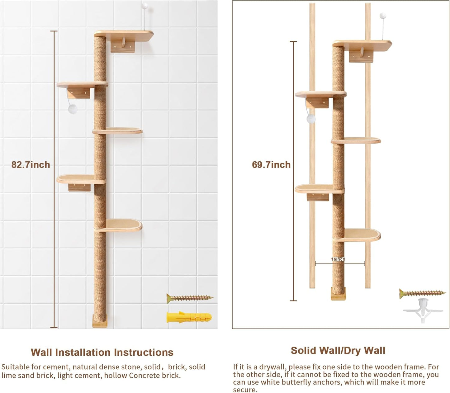 Wild Simulation Cat Tree for Kittens, 5-Level Floor to Ceiling Cat Wall Shelves with Sisal Mat Platforms, Suit for Kitten cat