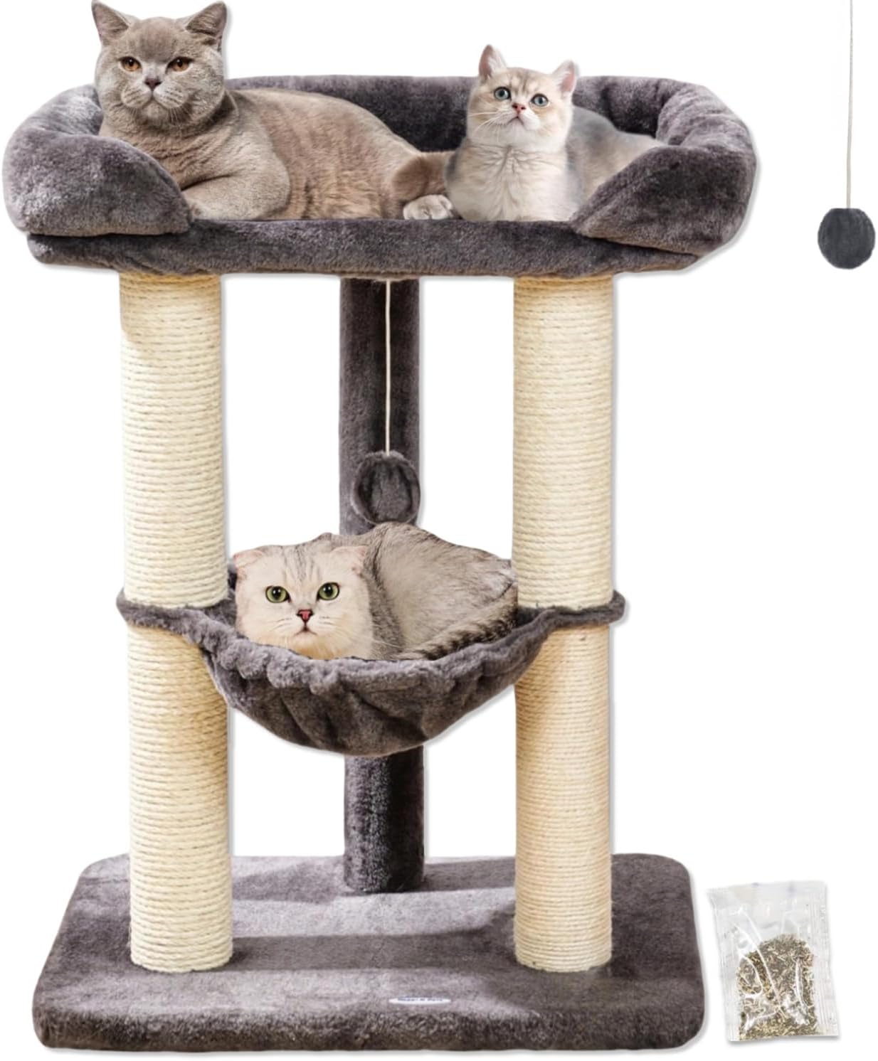 Happi N Pets 28" Cat Tree Tower, Tall Cat Scratching Post with Soft Perch for Window Viewing, Large Bed for Big Cats, Stable & Compact Cat Tower with Hammock, Removable Cover-Gray