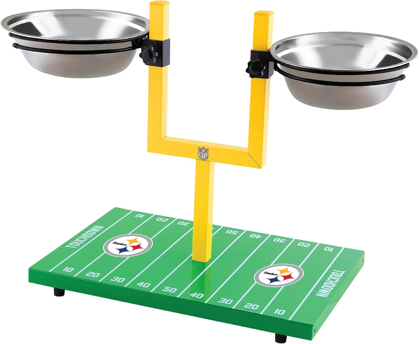 NFL Pittsburgh Steelers Goalpost Football Field Dog Feeder – Adjustable Elevated Dog Bowls with Stand, 2 Stainless Steel Bowls, Non-Slip Rubber Feet, Raised Pet Feeder for Large & Small Dogs, Cats.