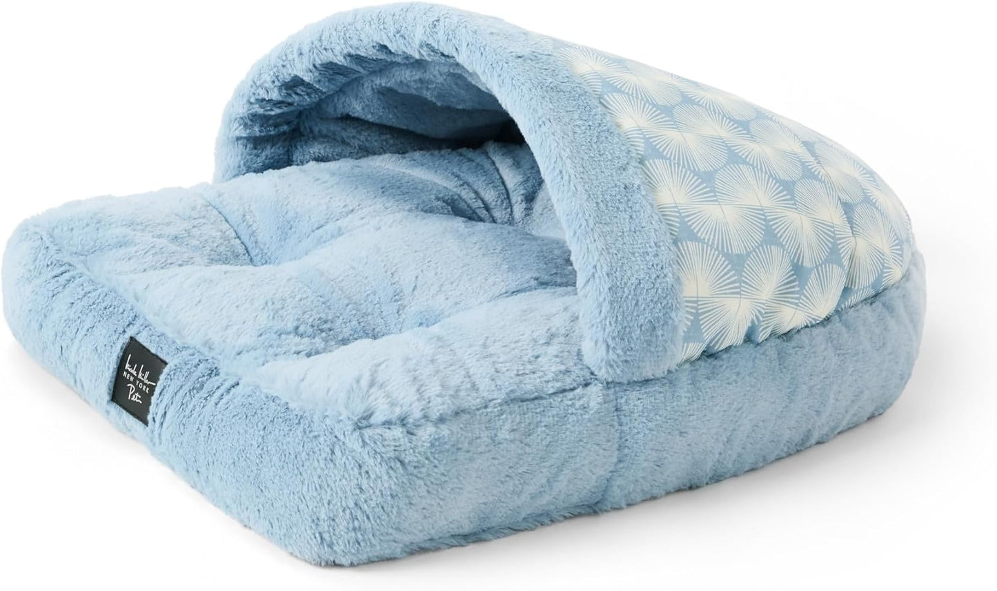 Nicole Miller New York PET Kendall Fluted Geo Cozy Slipper Cave Pet Bed, Cozy & Calming, Non-Slip Bottom, Machine Washable, Blue, Small 22"x17"x11"