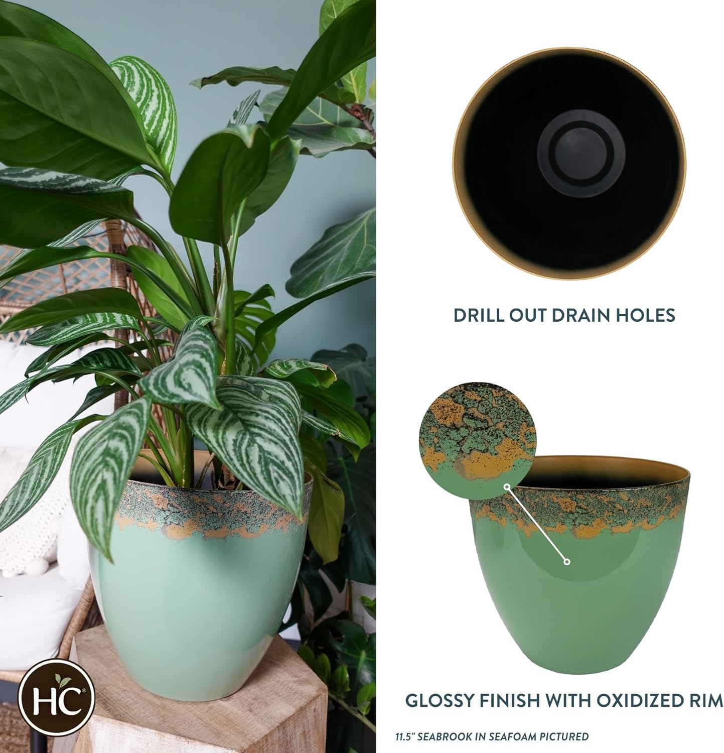 The HC Companies 13 Inch Seabrook Decorative Round Planter - Lightweight Premium Resin Plant Pot with a Ceramic Look for Indoor Outdoor Use, Seafoam