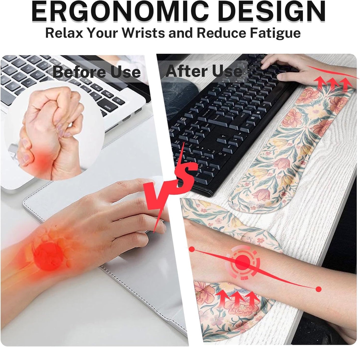 Britimes Pink Floral Keyboard Mouse Pad Set Retro 4in1 Large Mousepad+Keyboard Wrist Rest+Mouse Wrist Rest+Coaster Ergonomic Design for Home Office Computer 35.4x15.7 inches