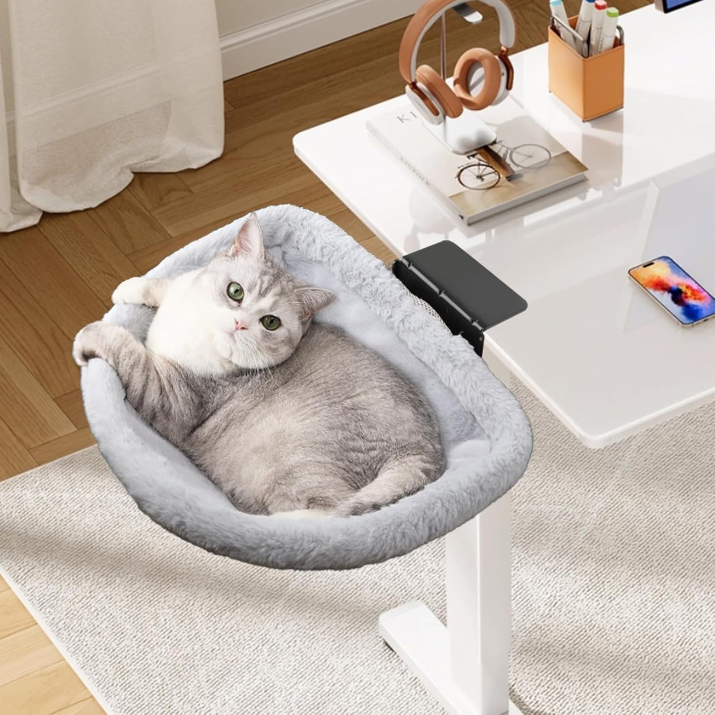 Stable Cat Desk Bed with Heavy-Duty Clamp | Sunken Hammock Design & Faux Rabbit Fur for Comfort, Removable & Washable Bed, Holds Up to 40lbs, Space Saving Cat Perch for Home Office