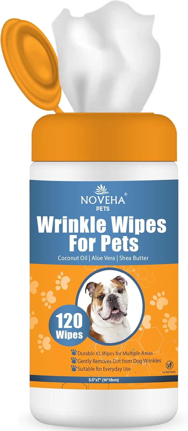 NOVEHA 120PCs - 5”x7” Large Dog Wipes | Wipes for Bulldog, French Bulldog, Pug, English Bulldog | Deodorizing, for Multiple Areas Removes Dirt, Wrinkles, Folds, Tear Stain, Tail Pockets & Paws