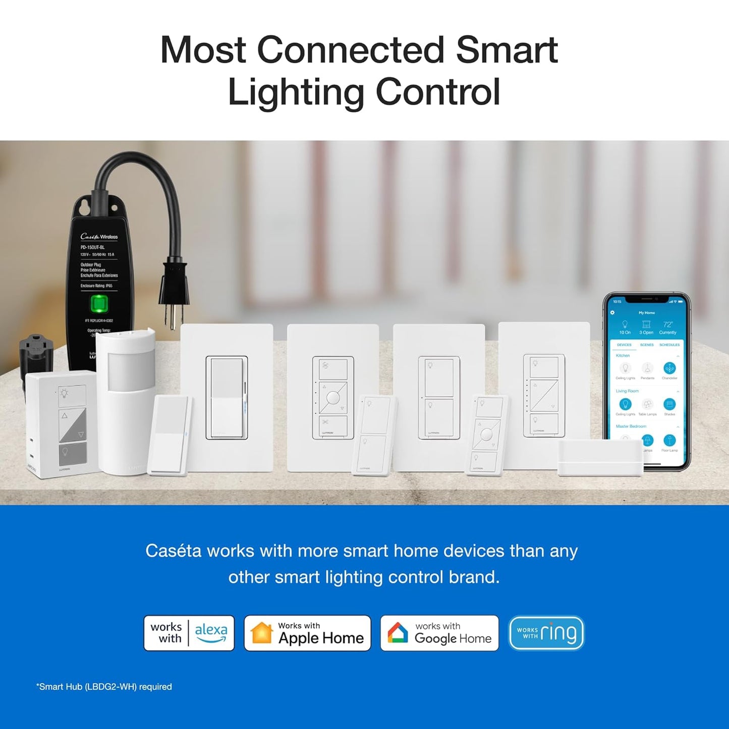 Lutron Caseta Original Smart Dimmer Switch (Lutron Smart Hub Required), for LED Lights, 150 Watt, Single-Pole/3-Way, No Neutral Required, PD-6WCL-WH, White