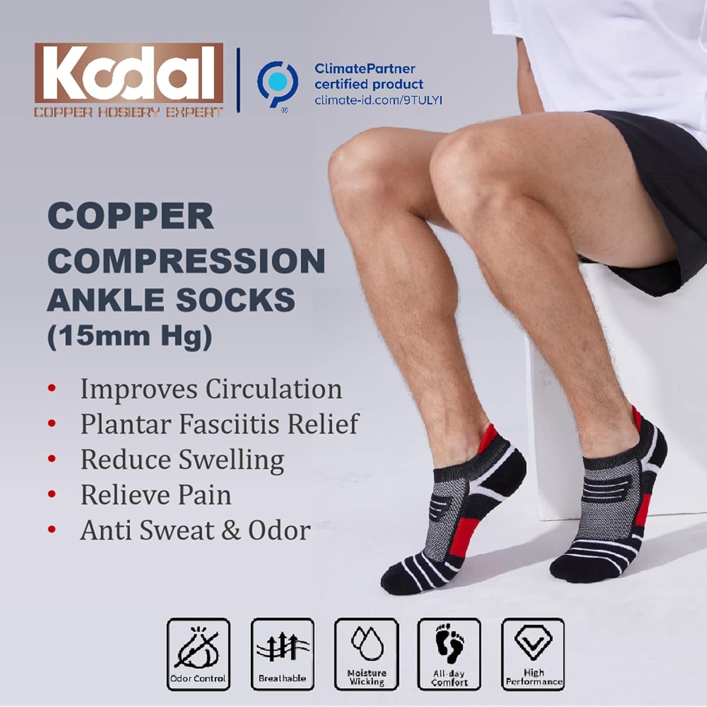 Kodal Ankle Compression Socks, Copper Yarn Low Cut Training Socks, Odor Free Moisture-wicking Arch Support Cushion