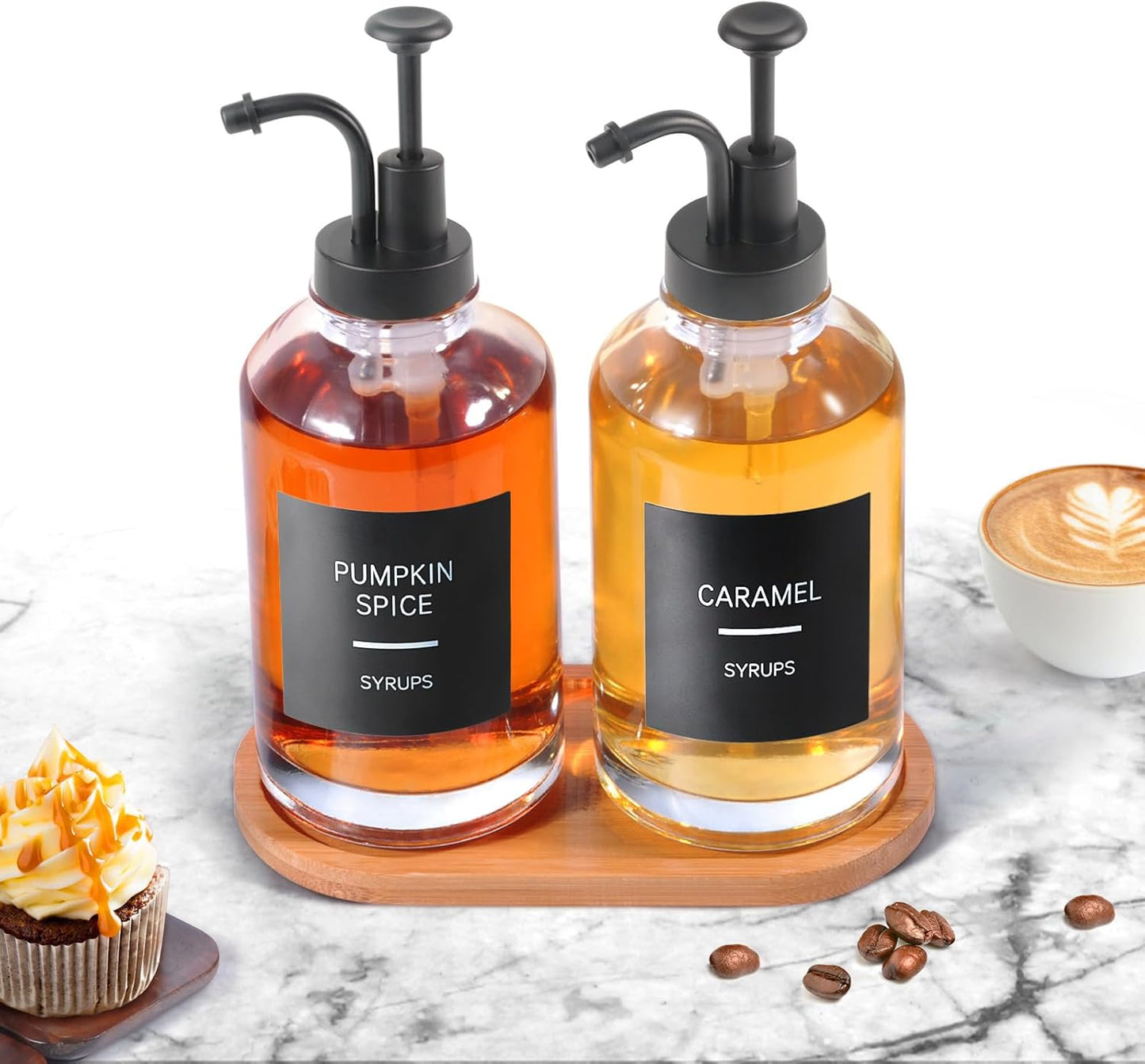 Coffee Syrup Dispenser for Coffee Bar, Set of 2 Simple Glass Syrup Bottle w. Pump and Labels, 16.9 oz 500ml Syrup Pump Dispenser, Syrup Dispenser Black